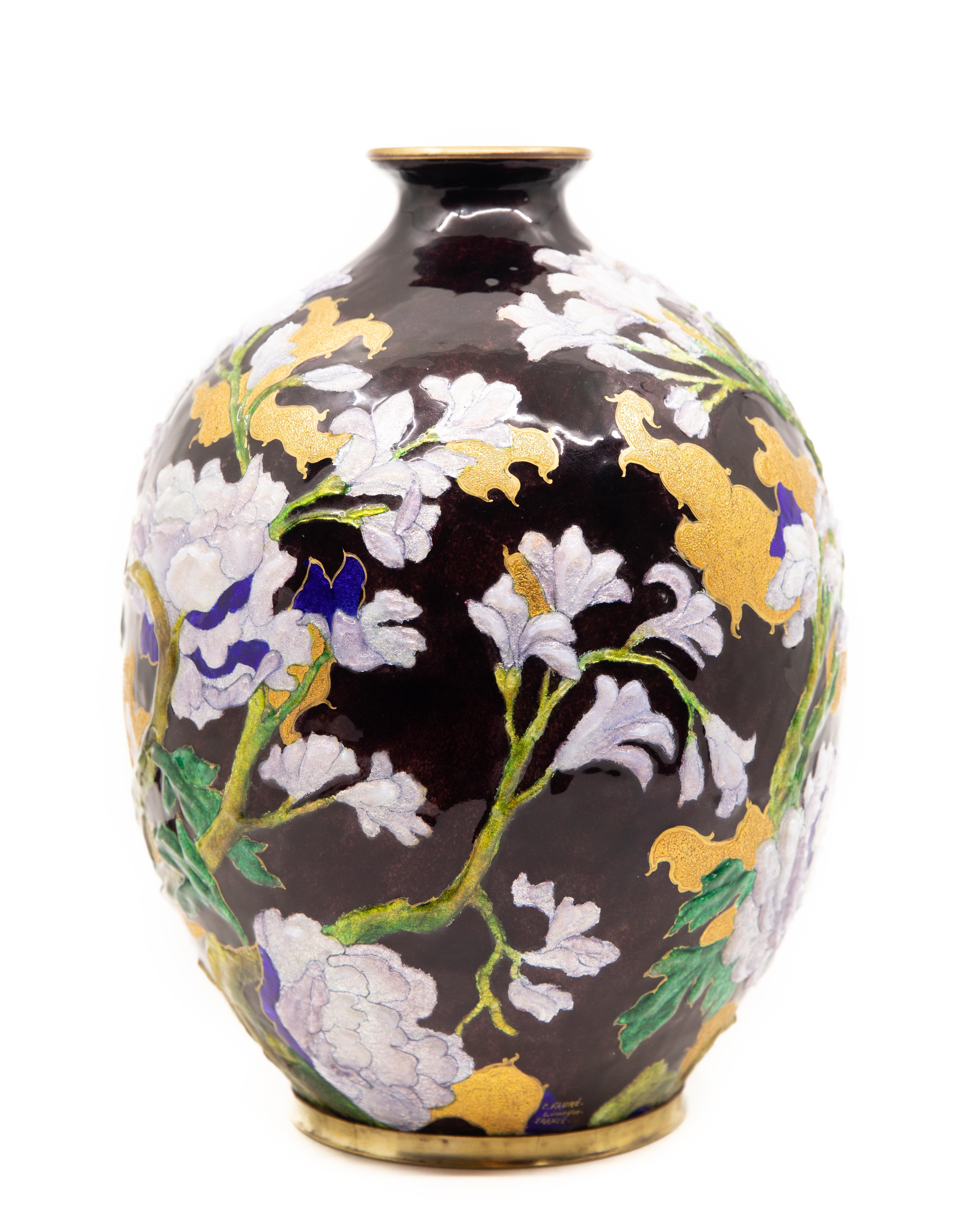 Enameled Camille Fauré Signed Raised Three Dimensional Plum Ground Copper Vase circa 1925