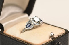 Art Deco Diamond And Sapphire Ring. GIA 1.5ct Old Euro Cut Diamond Platinum KVS2