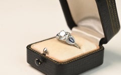 Art Deco Diamond And Sapphire Ring. GIA 1.5ct Old Euro Cut Diamond Platinum KVS2