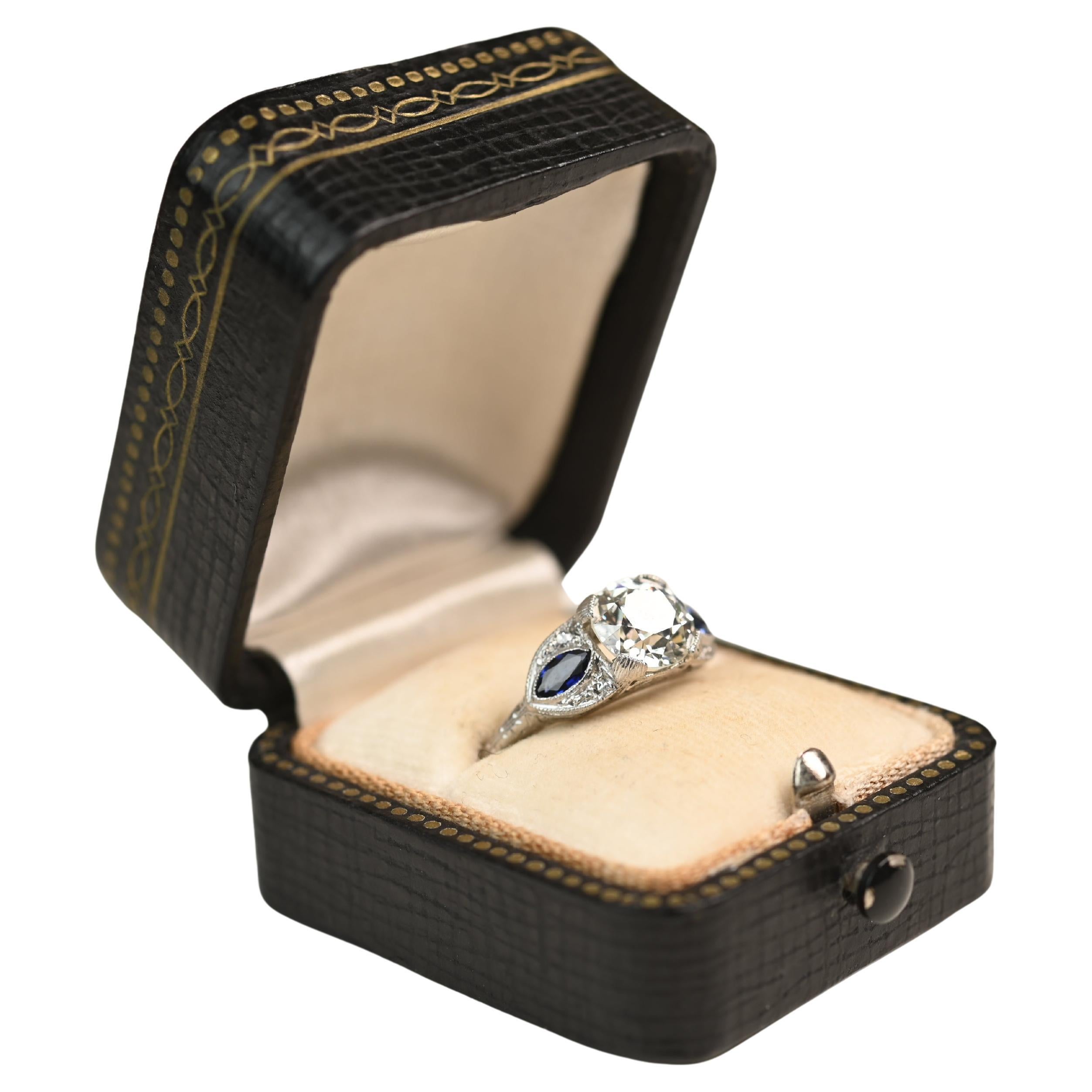 Art Deco Diamond And Sapphire Ring. GIA 1.5ct Old Euro Cut Diamond Platinum KVS2