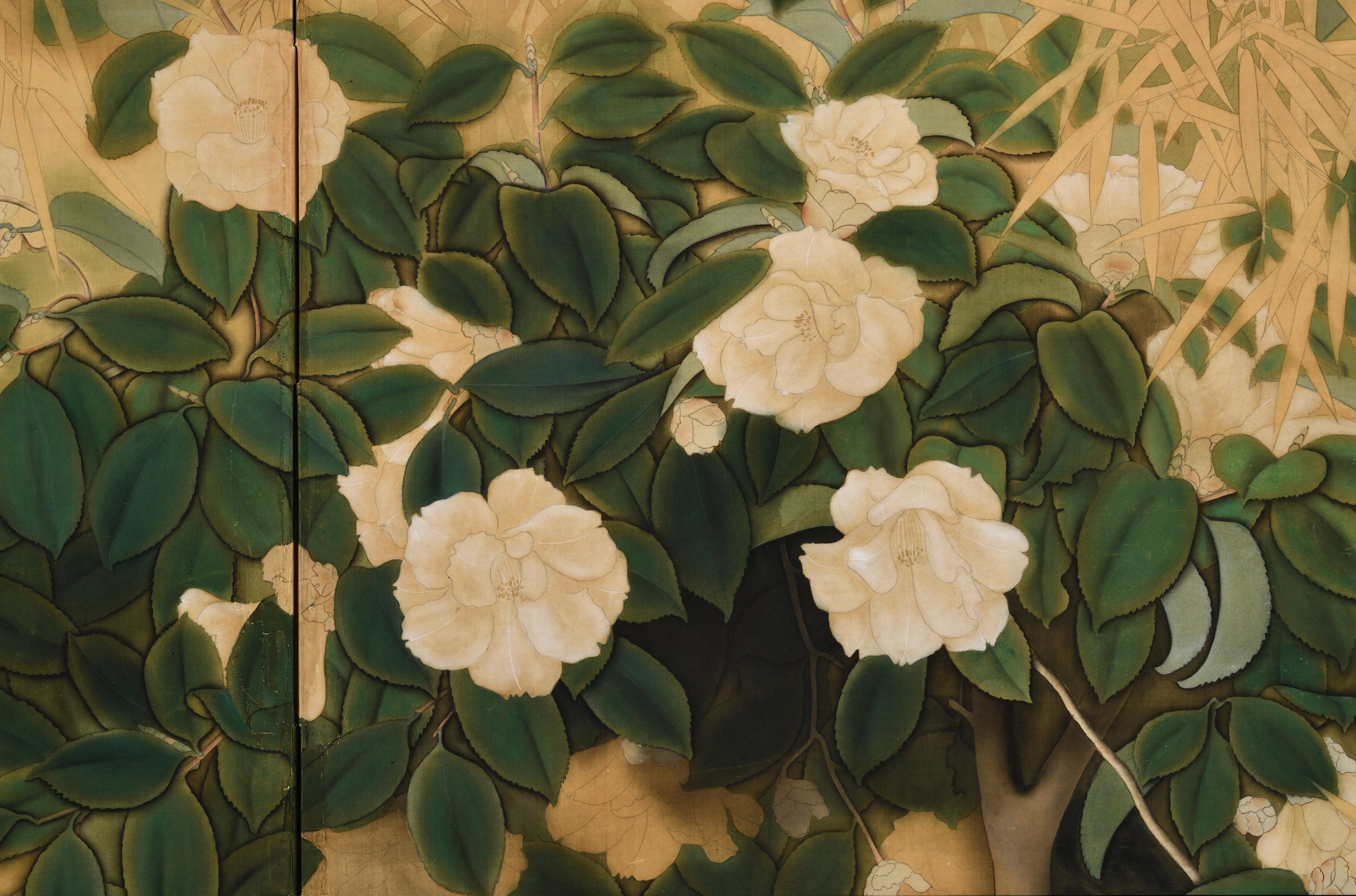 Anonymous

Camellia & Bamboo

Taisho era

Two-panel Japanese Screen. Mineral pigment, gofun and ink on silk.

A small Japanese Nihonga screen capturing a moment suspended in time where each element - from the feathery bamboo to the immaculate bloom