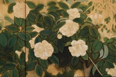 Circa 1925. Taisho era Japanese Nihonga Screen. Camellia & Bamboo.