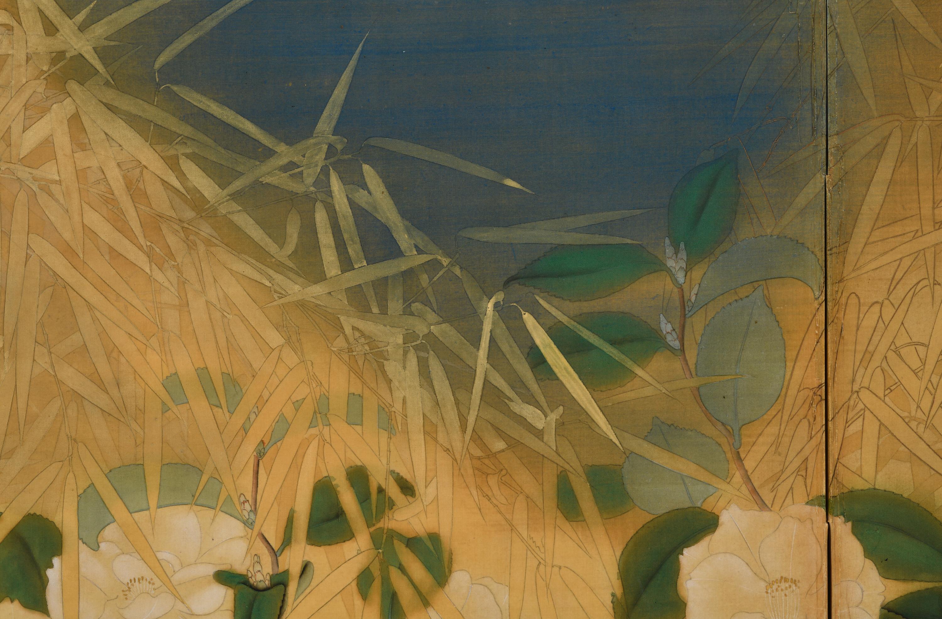 Hand-Painted Circa 1925. Taisho era Japanese Nihonga Screen. Camellia & Bamboo. For Sale
