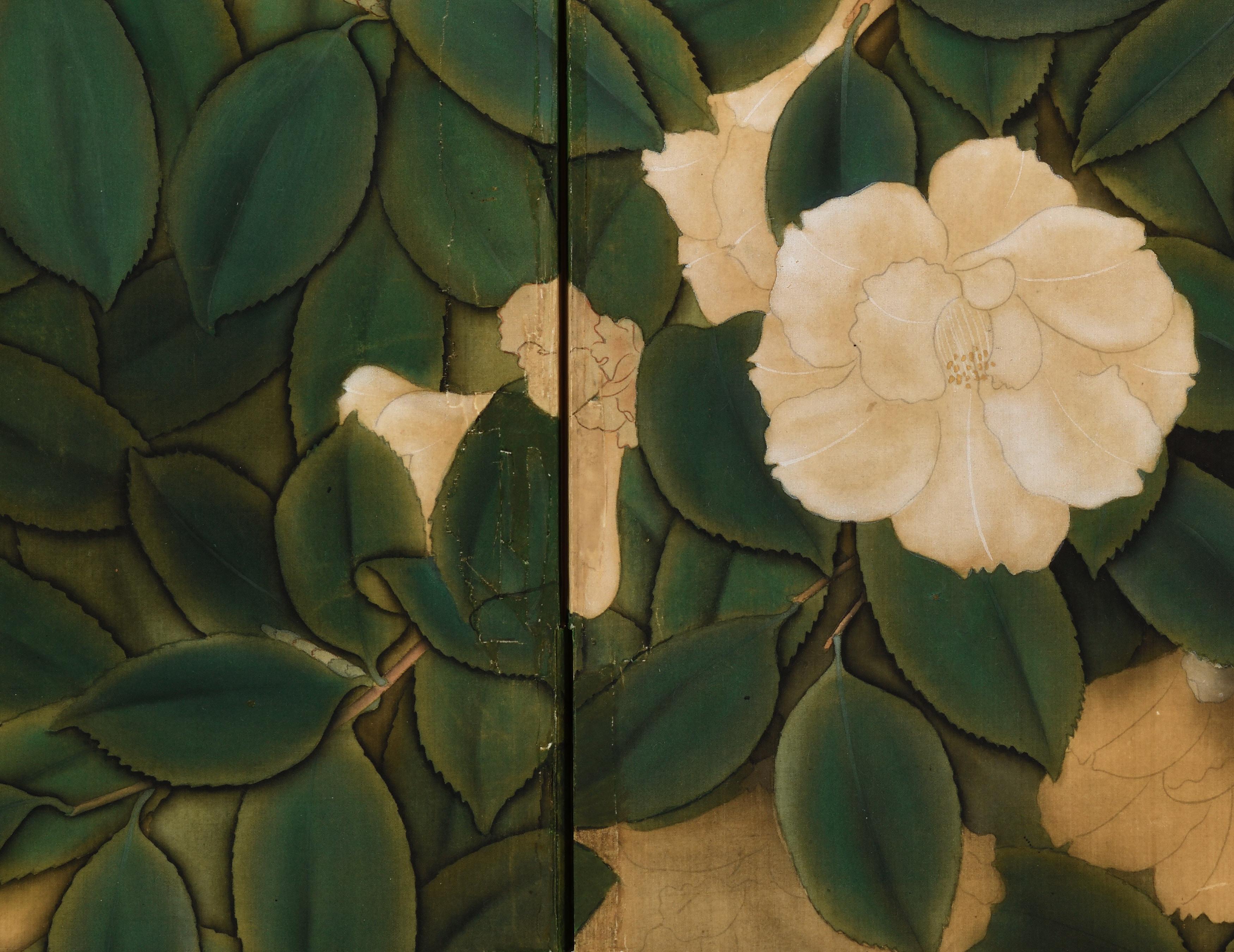 20th Century Circa 1925. Taisho era Japanese Nihonga Screen. Camellia & Bamboo. For Sale
