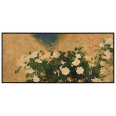 Circa 1925. Taisho era Japanese Nihonga Screen. Camellia & Bamboo.