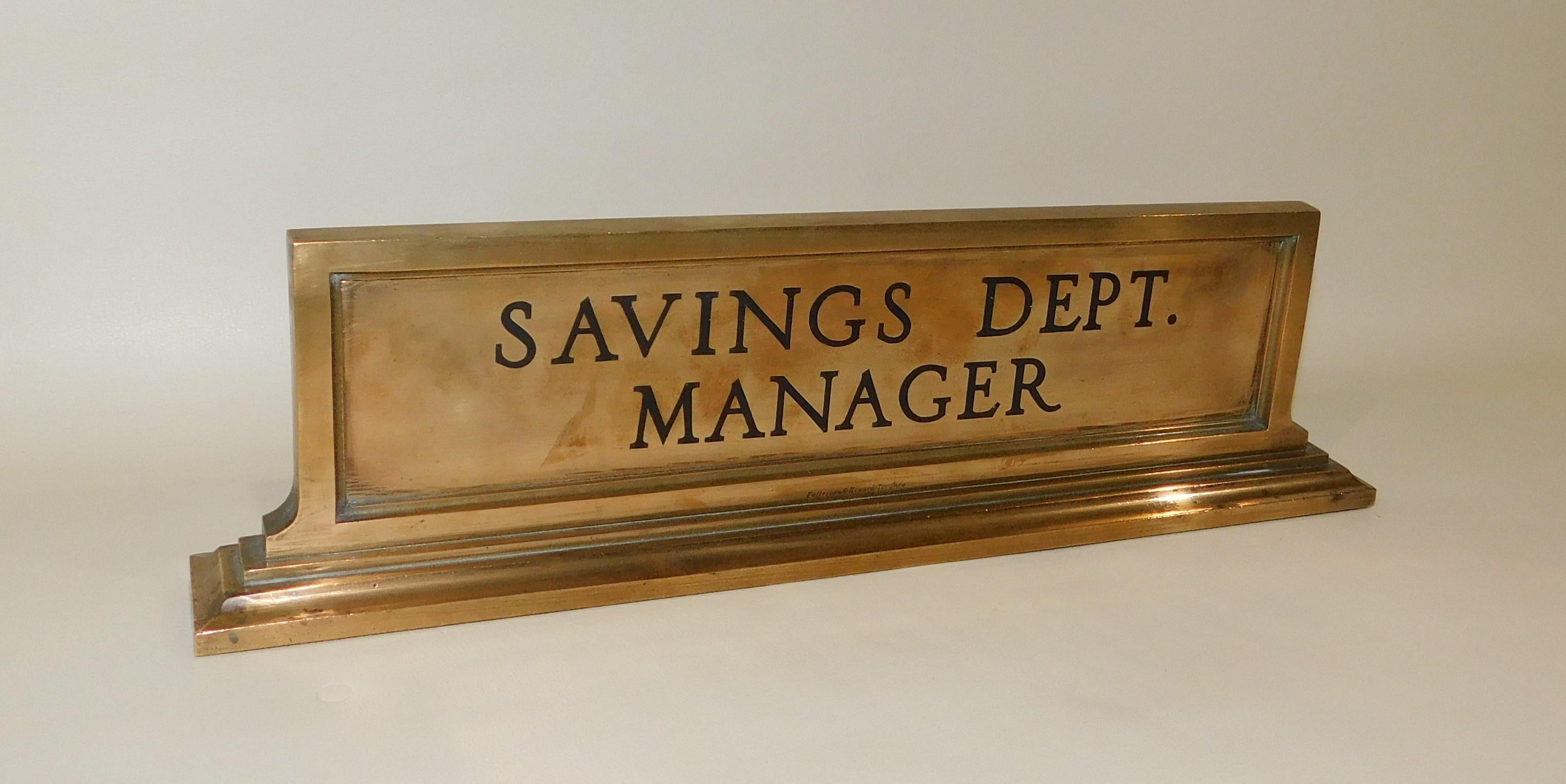 Canadian Vintage Heavy Bronze Savings Department Manager Desk Name Plate Sign, circa 1925 For Sale