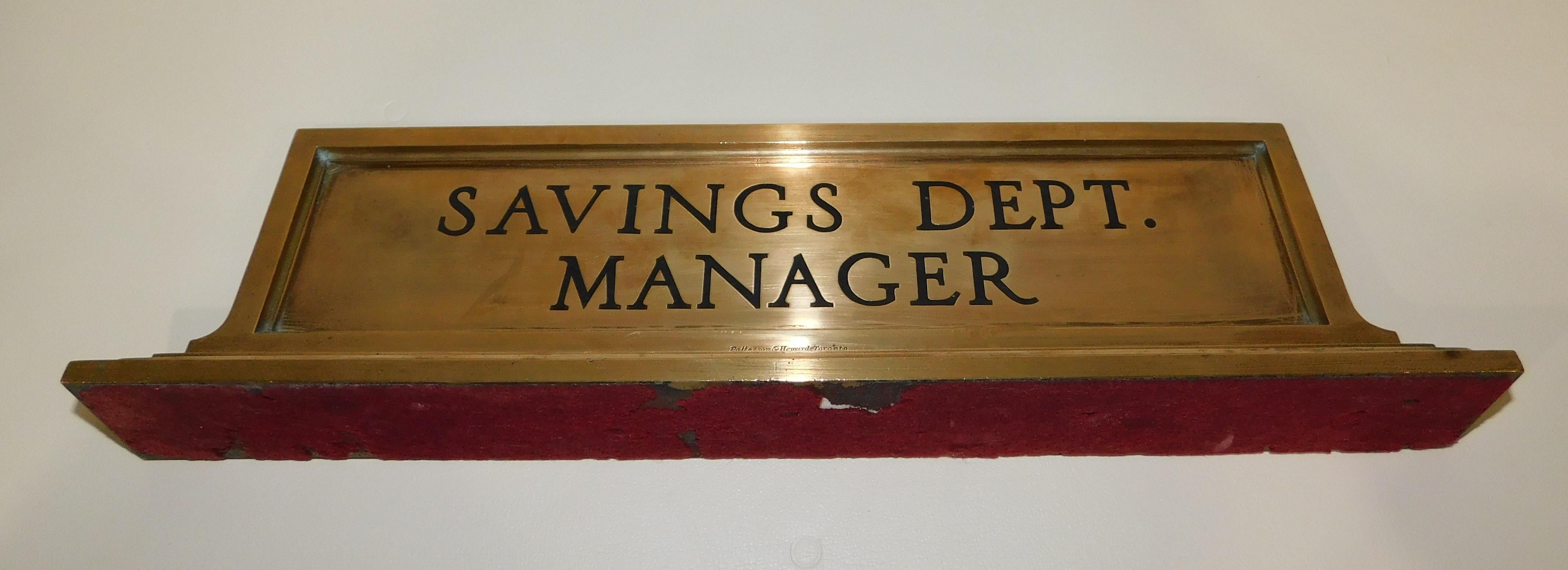 Vintage Heavy Bronze Savings Department Manager Desk Name Plate Sign, circa 1925 In Good Condition For Sale In Hamilton, Ontario