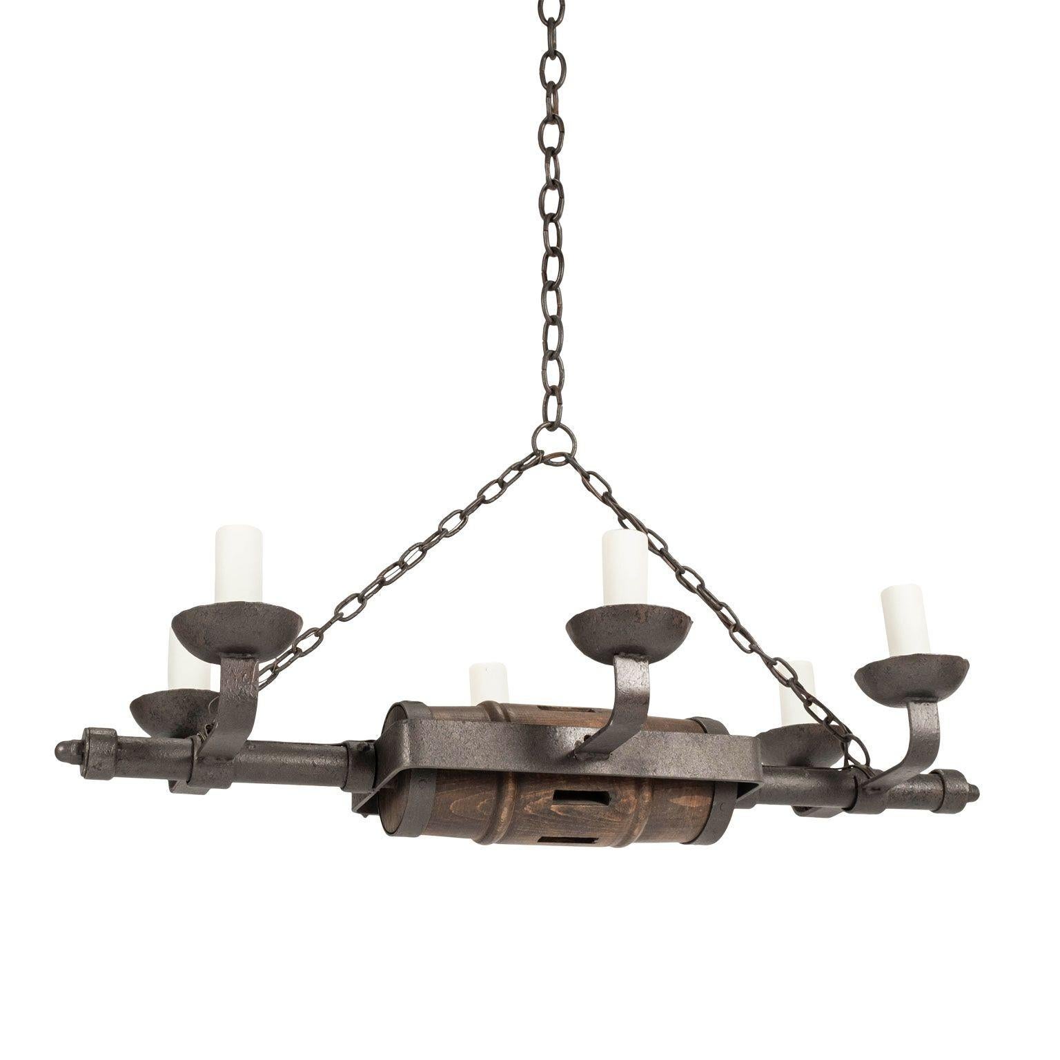 Circa 1930-1959 Rustic French Iron and Wooden Chandelier For Sale 5