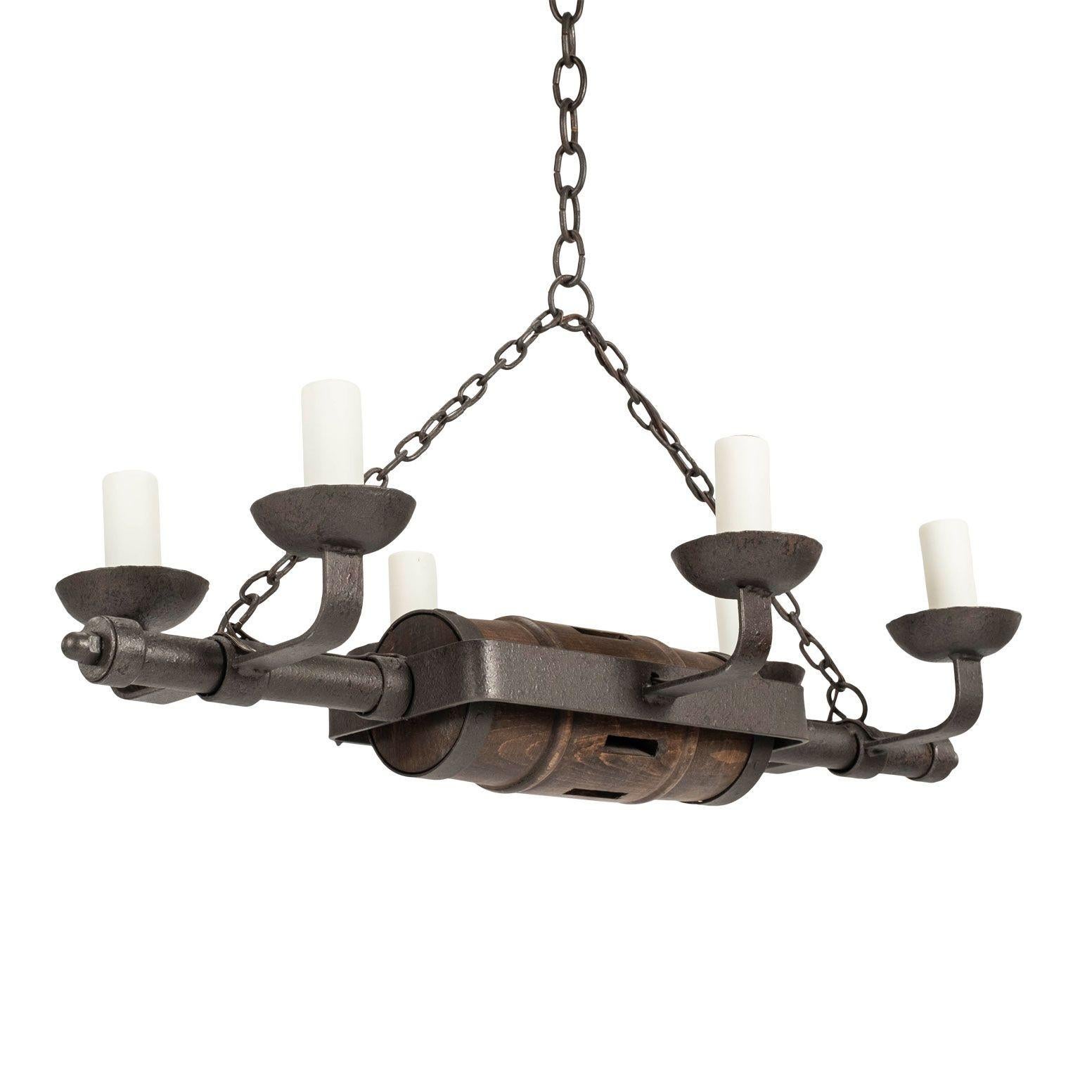 Circa 1930-1959 Rustic French Iron and Wooden Chandelier For Sale 6