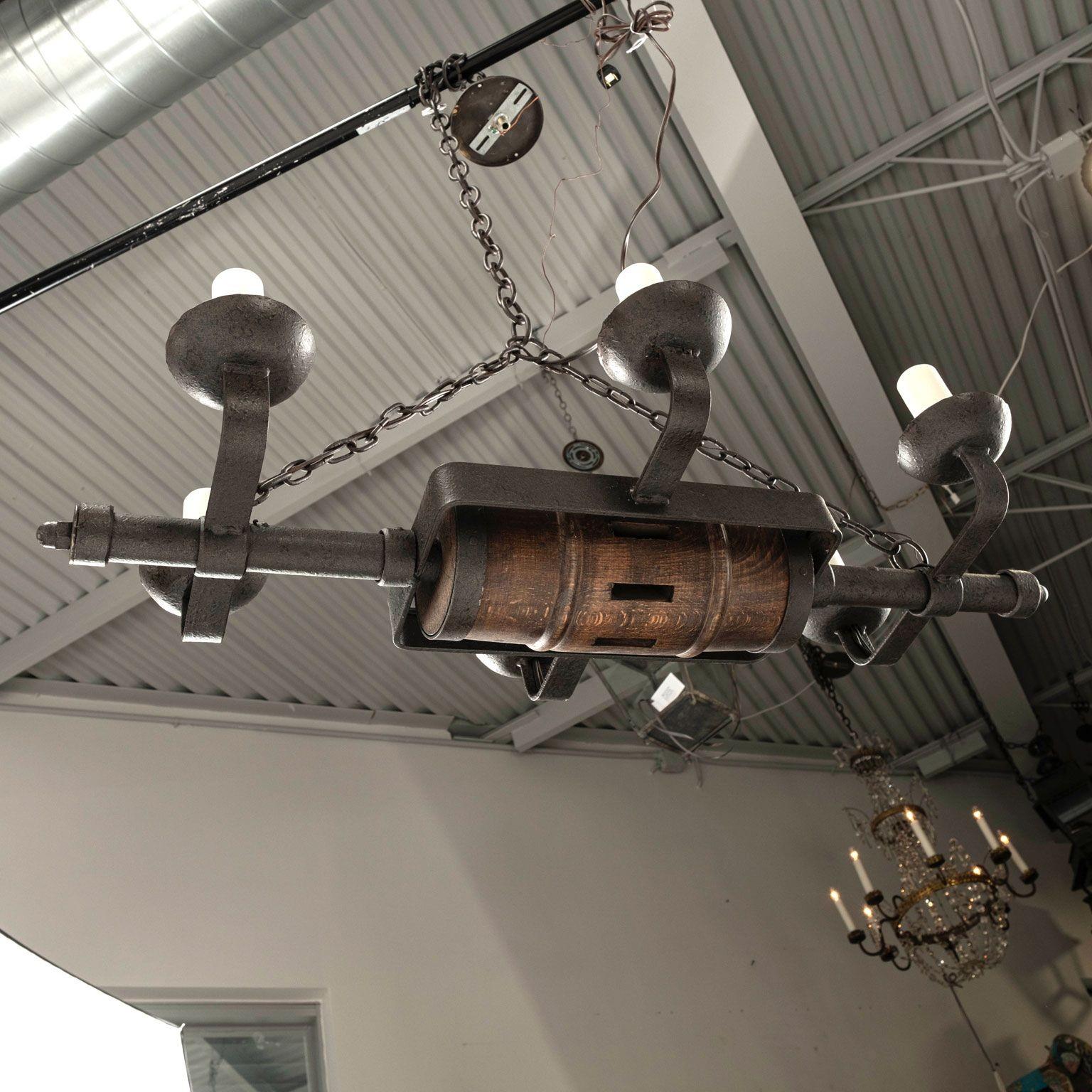 Circa 1930-1959 Rustic French Iron and Wooden Chandelier For Sale 7