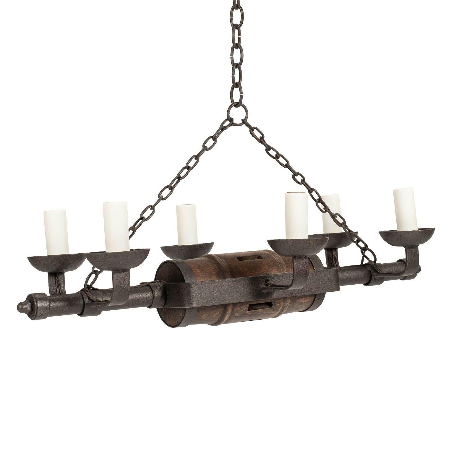 Circa 1930-1959 Rustic French Iron and Wooden Chandelier For Sale 10