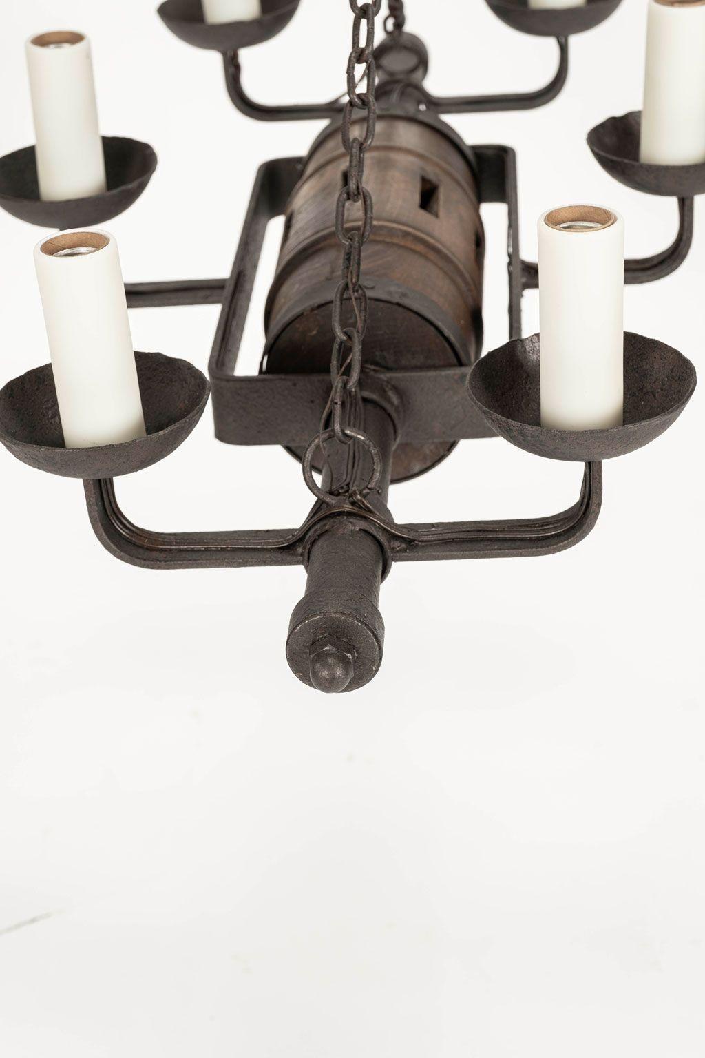 Circa 1930-1959 Rustic French Iron and Wooden Chandelier For Sale 1