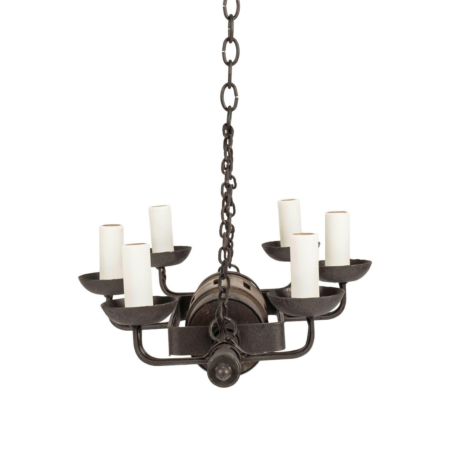 Circa 1930-1959 Rustic French Iron and Wooden Chandelier For Sale 3