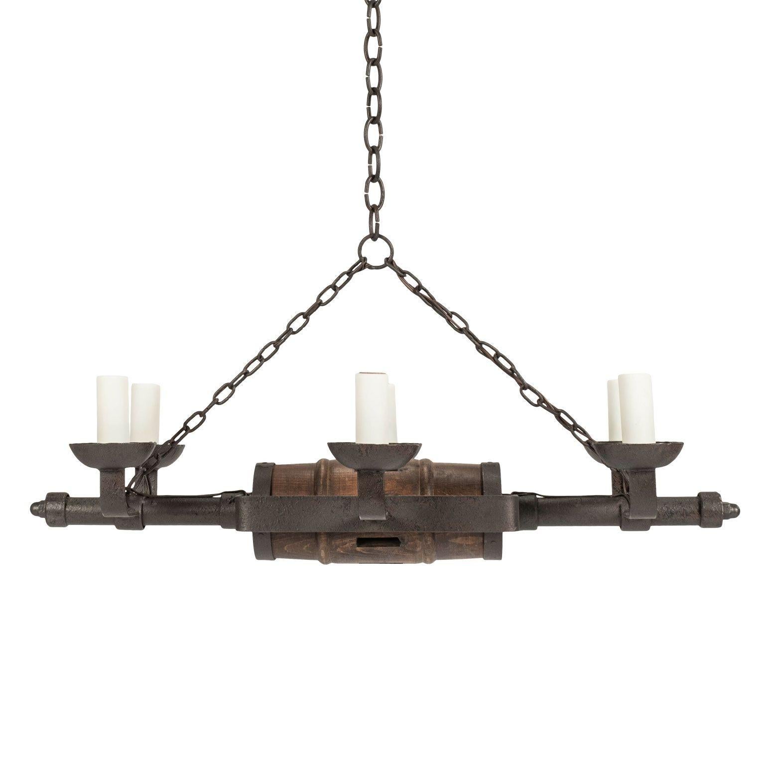 Circa 1930-1959 Rustic French Iron and Wooden Chandelier For Sale 4