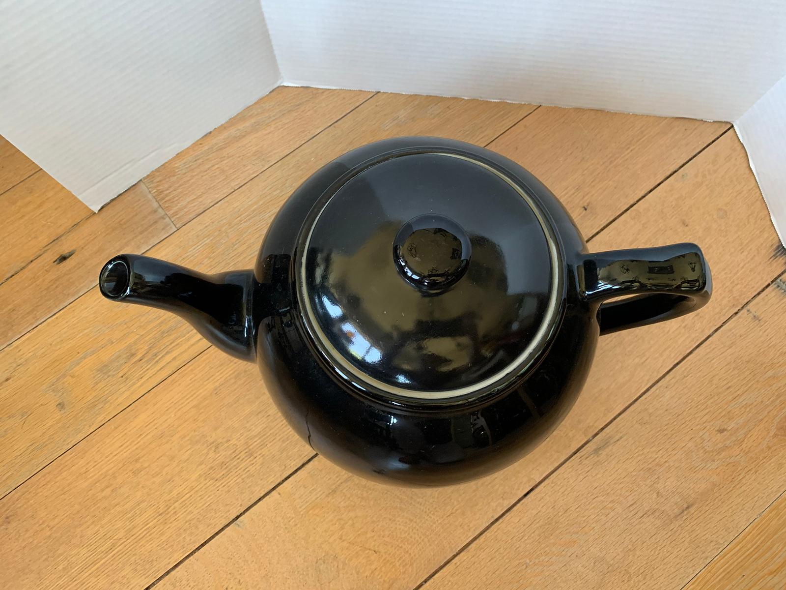 Glazed Large Scale Black Hall China Teapot, Marked, circa 1930-1970 For Sale