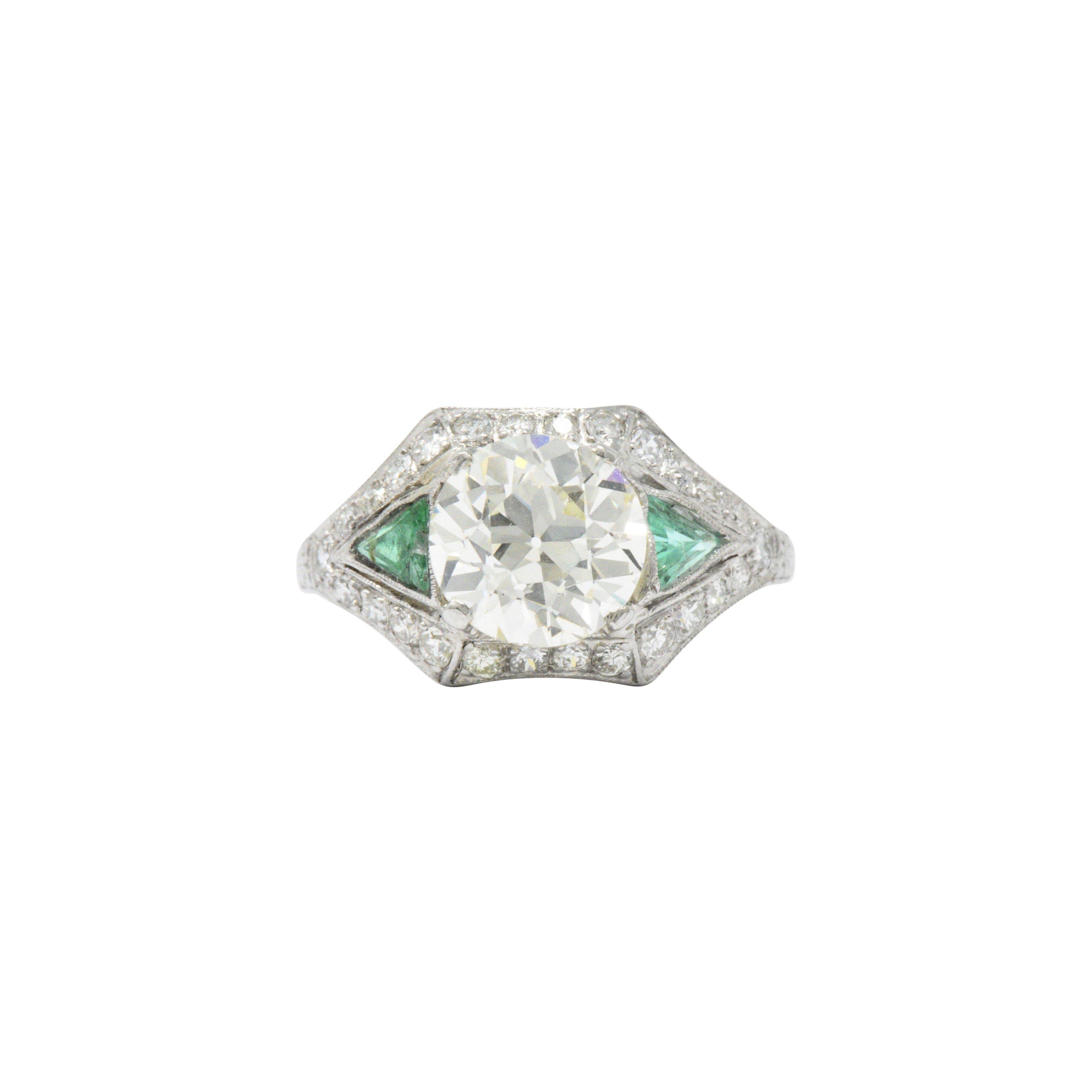Art Deco Circa 1930 3.61 CTW Old European Diamond & Emerald Platinum Alternative Ring GIA