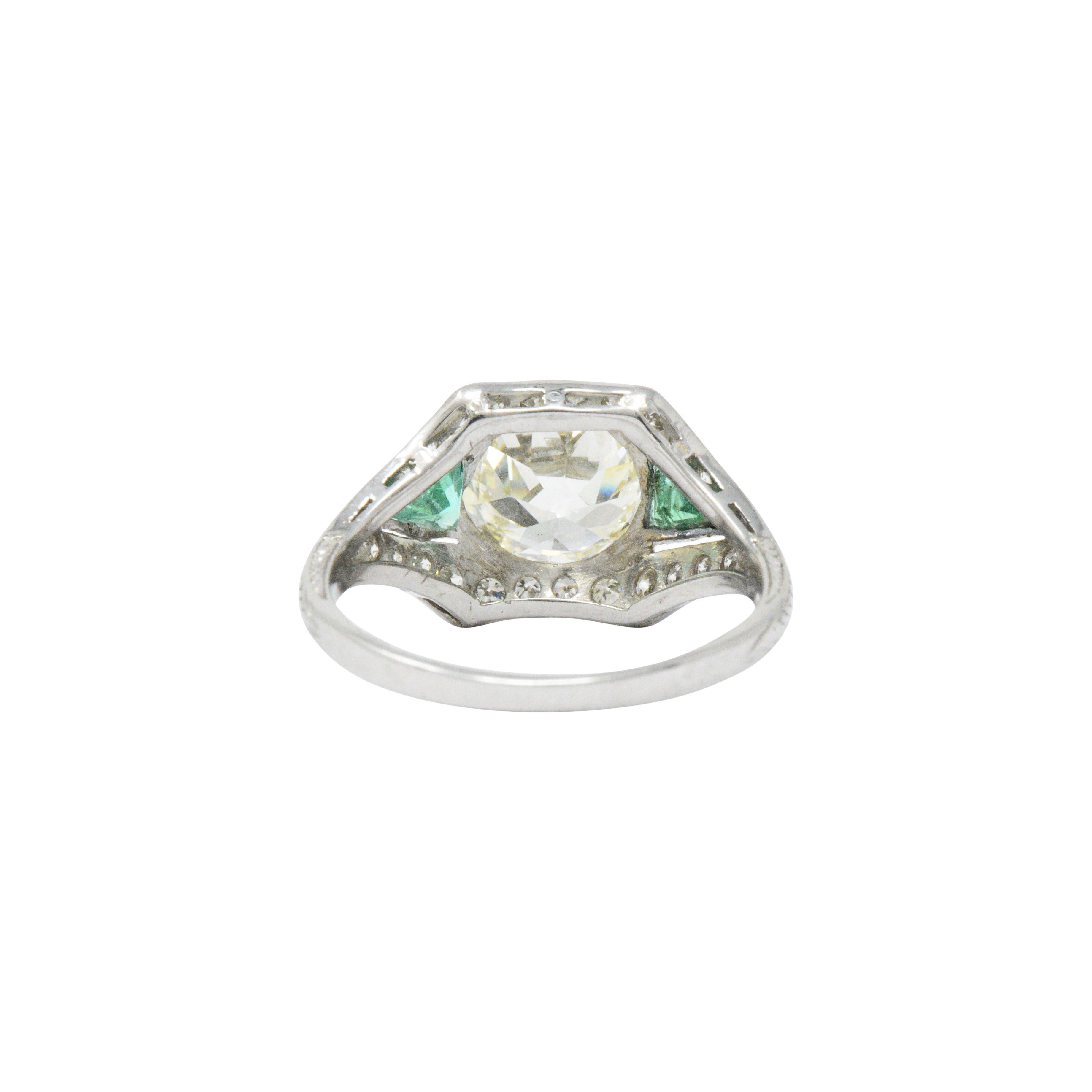 Circa 1930 3.61 CTW Old European Diamond & Emerald Platinum Alternative Ring GIA In Excellent Condition In Philadelphia, PA