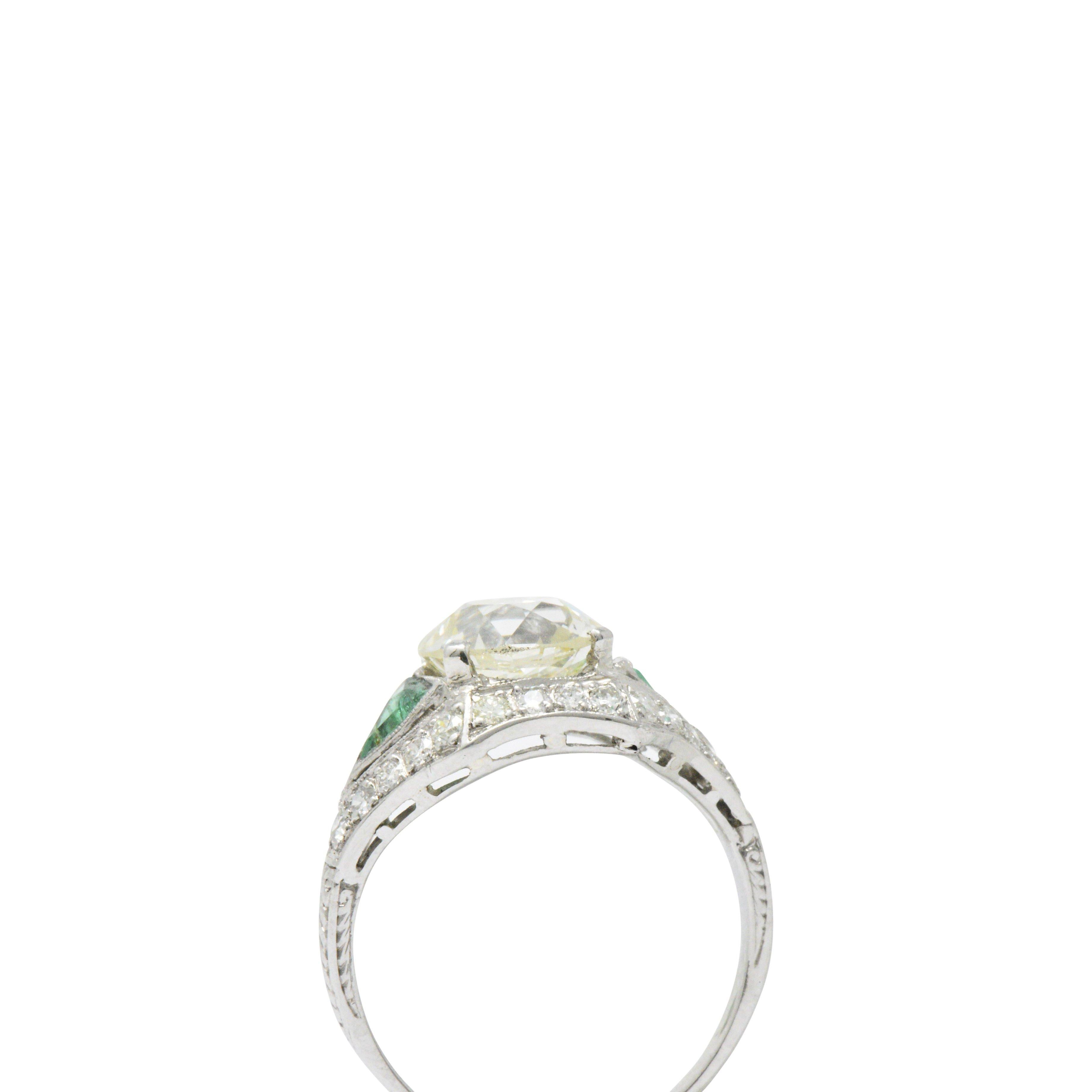 Circa 1930 3.61 CTW Old European Diamond & Emerald Platinum Alternative Ring GIA 1