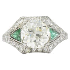Circa 1930 3.61 CTW Old European Diamond & Emerald Platinum Alternative Ring GIA