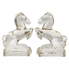 Circa 1930-40s Art Deco-Art Modern Pair of Rearing Horse Glass Bookends