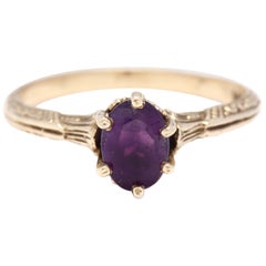 Antique Art Deco 14 Karat Gold and Purple Amethyst Engraved Solitaire Ring, circa 1930