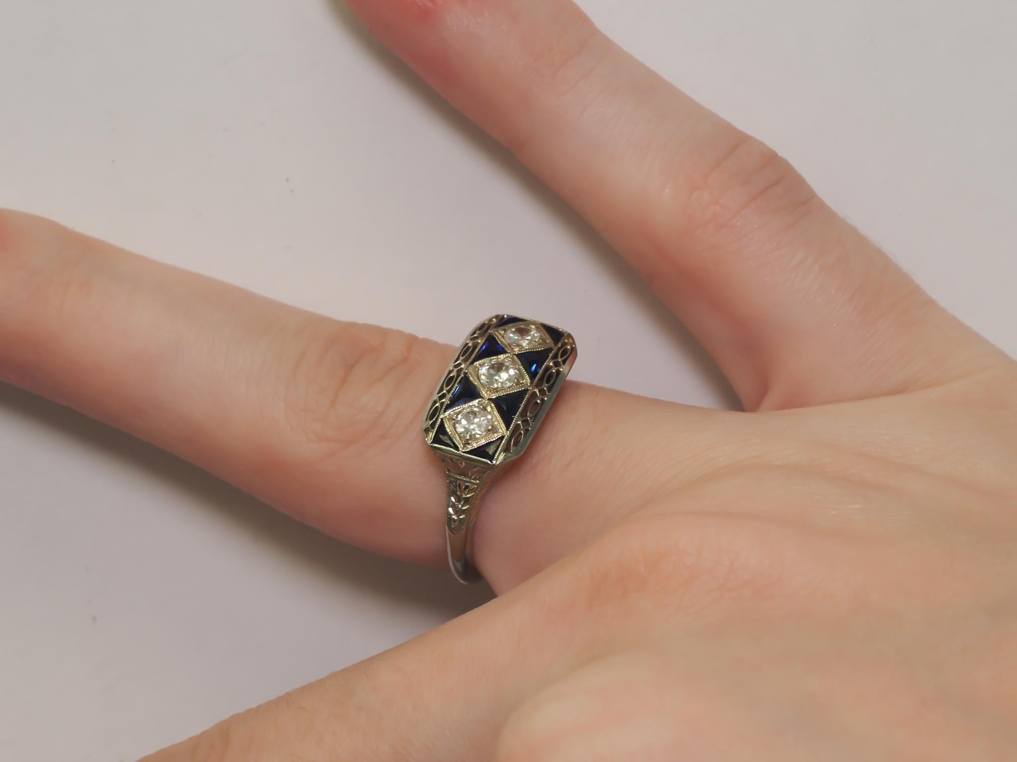 Circa 1930 Art Deco 20K White Gold Old European Diamond and Sapphire Ring For Sale 7