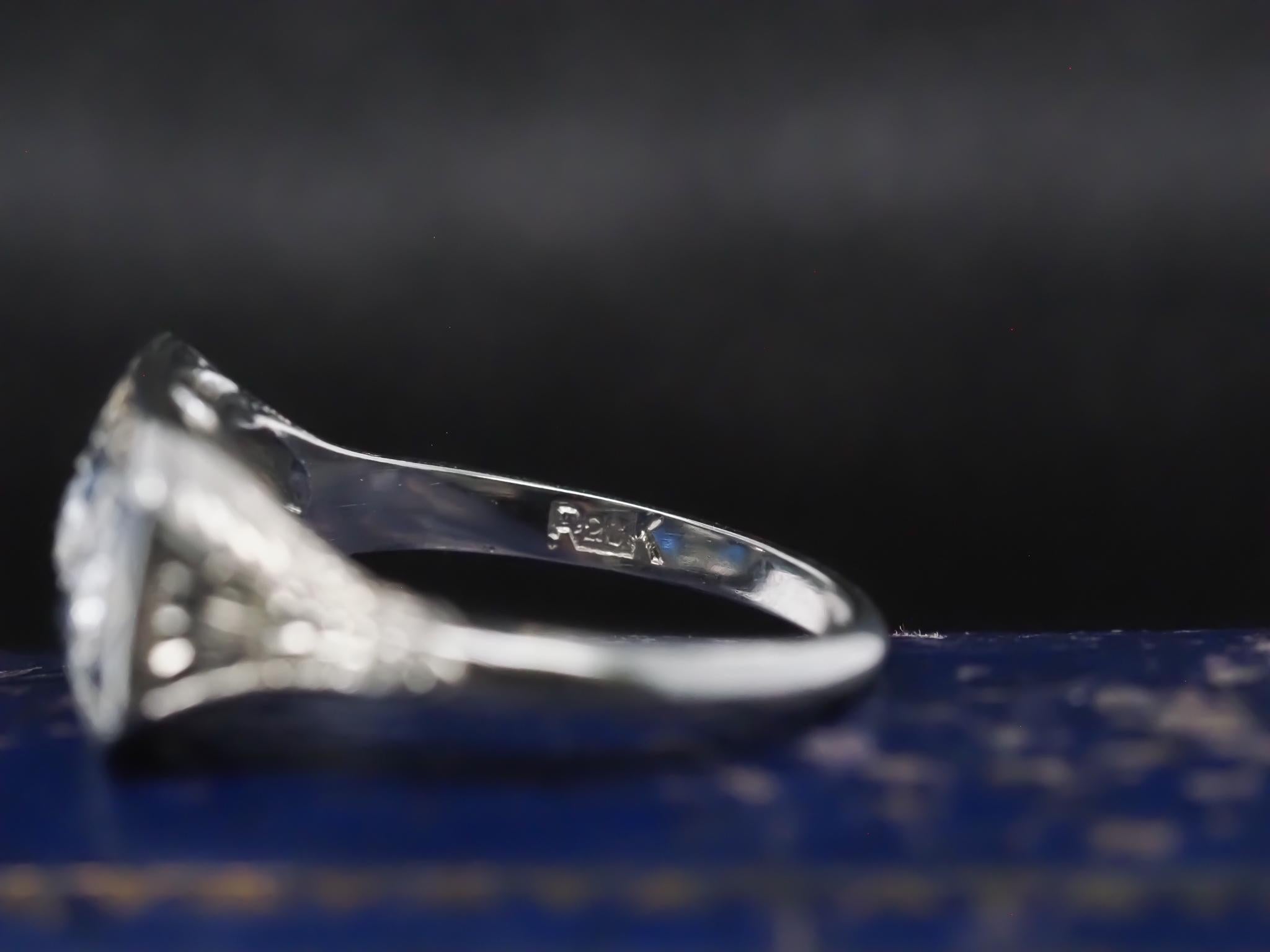 Old European Cut Circa 1930 Art Deco 20K White Gold Old European Diamond and Sapphire Ring For Sale