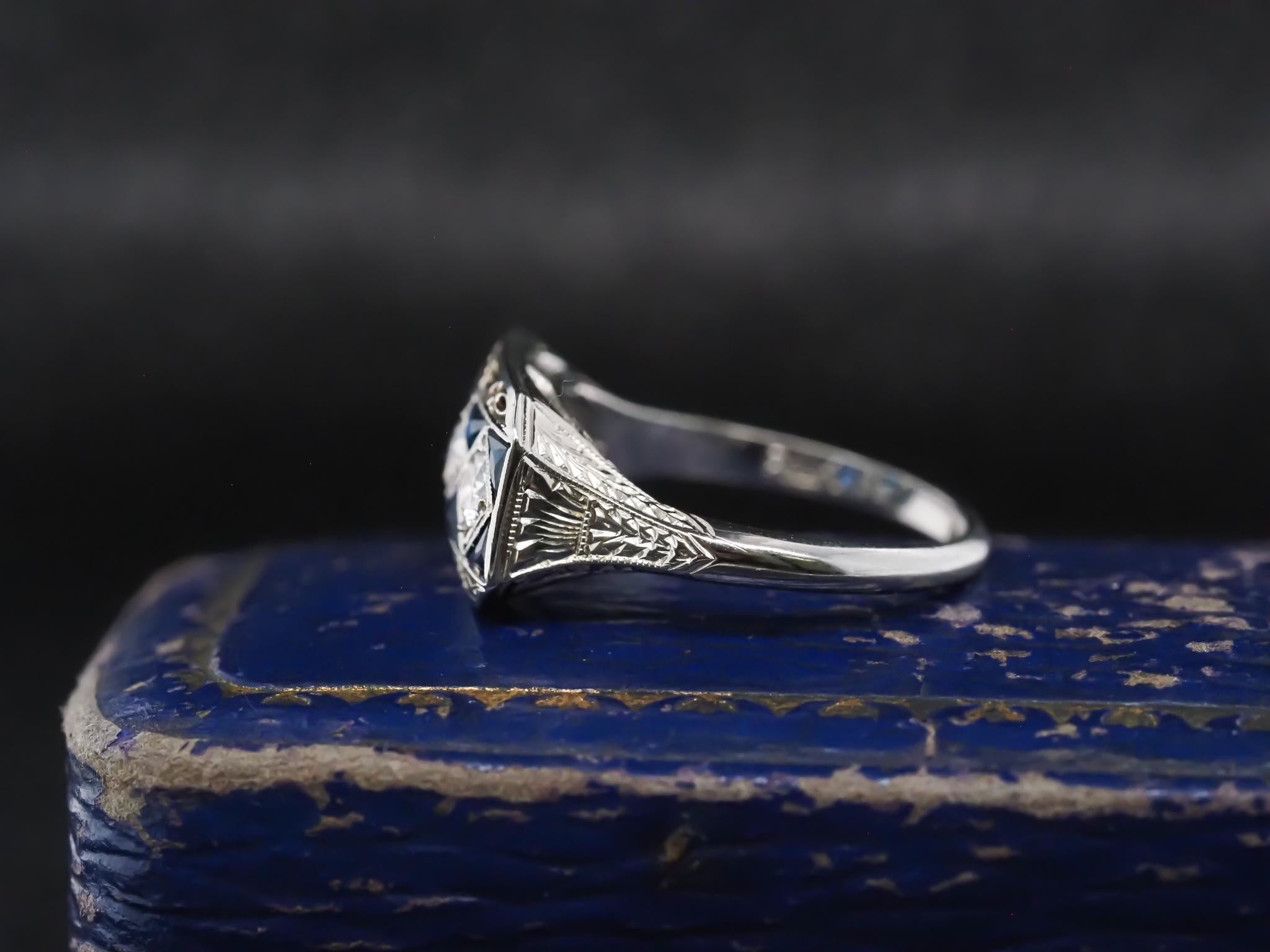 Circa 1930 Art Deco 20K White Gold Old European Diamond and Sapphire Ring In Good Condition For Sale In Hicksville, NY