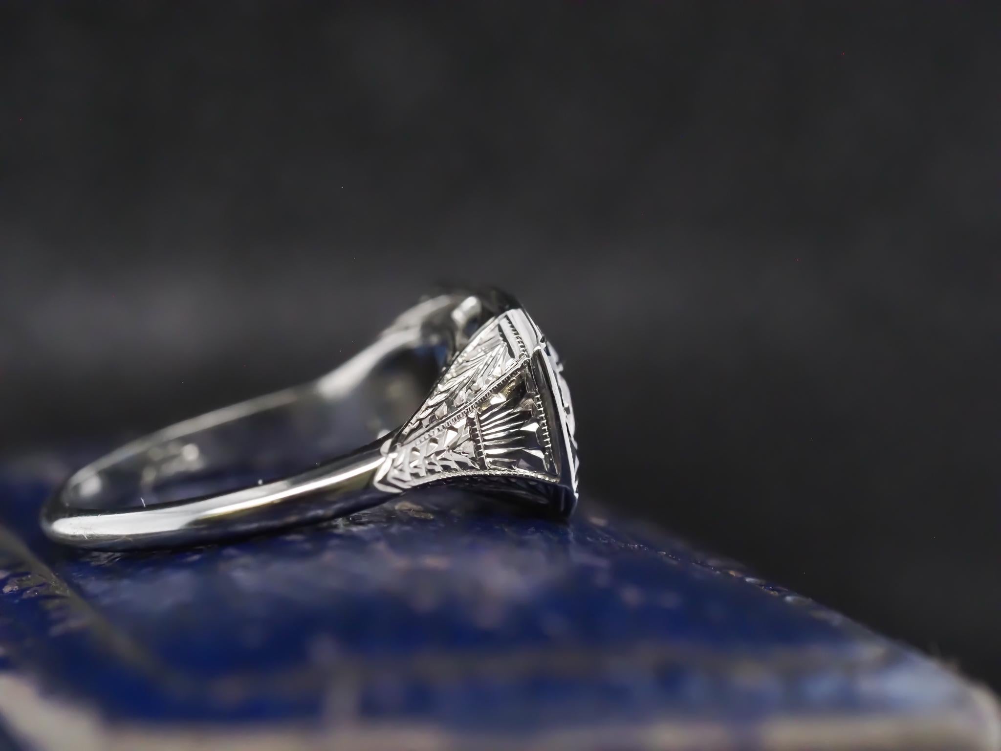 Women's Circa 1930 Art Deco 20K White Gold Old European Diamond and Sapphire Ring For Sale