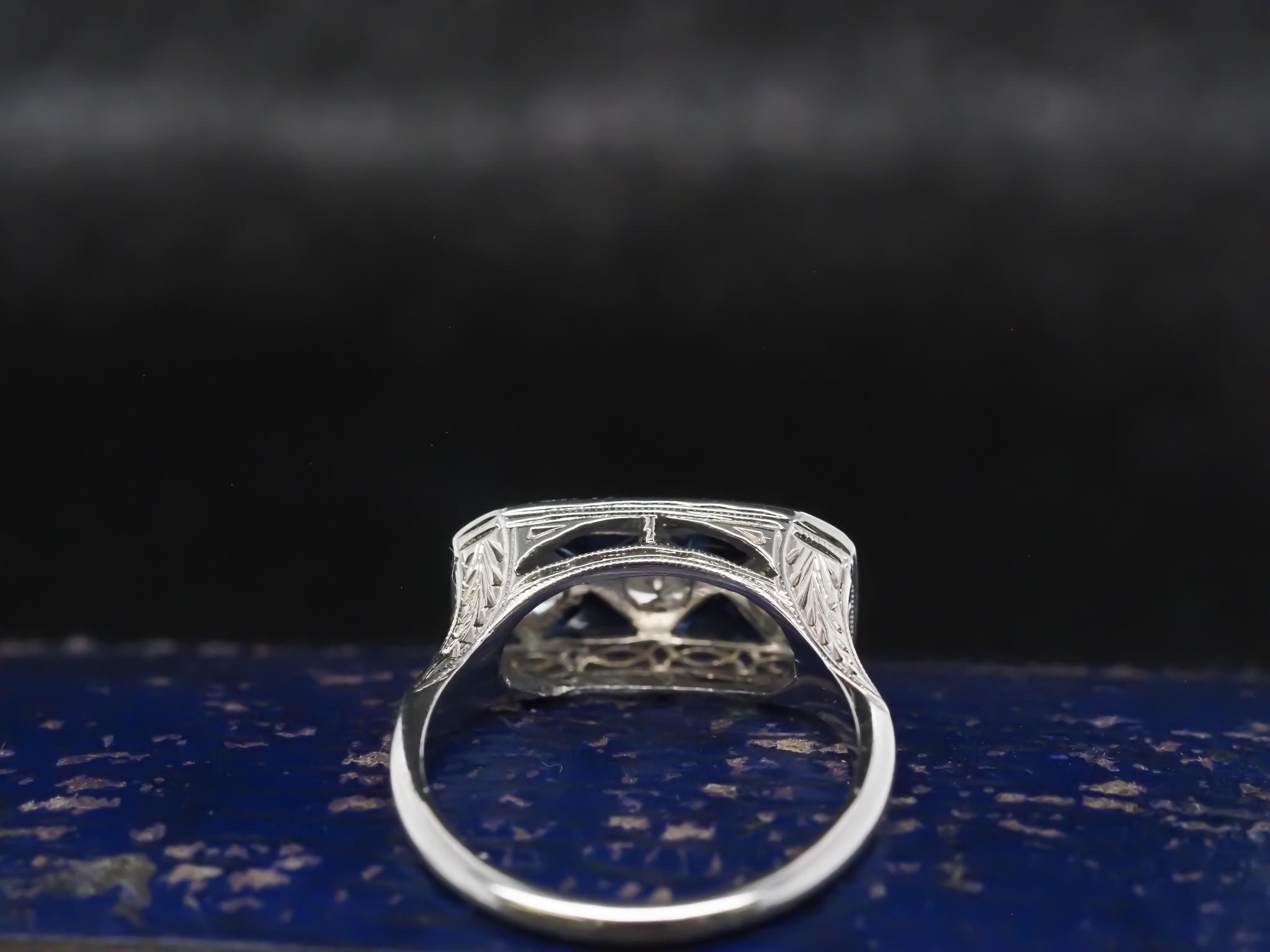 Circa 1930 Art Deco 20K White Gold Old European Diamond and Sapphire Ring For Sale 1