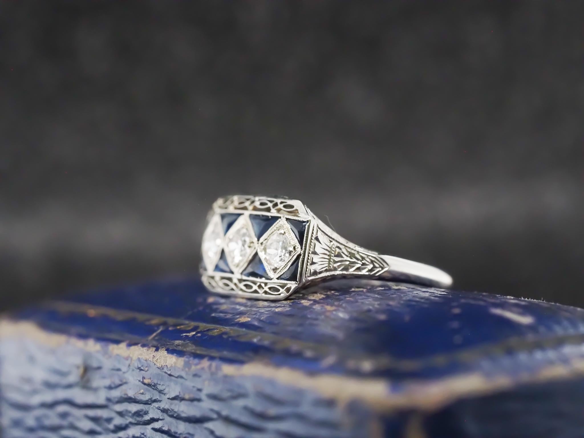 Circa 1930 Art Deco 20K White Gold Old European Diamond and Sapphire Ring For Sale 2