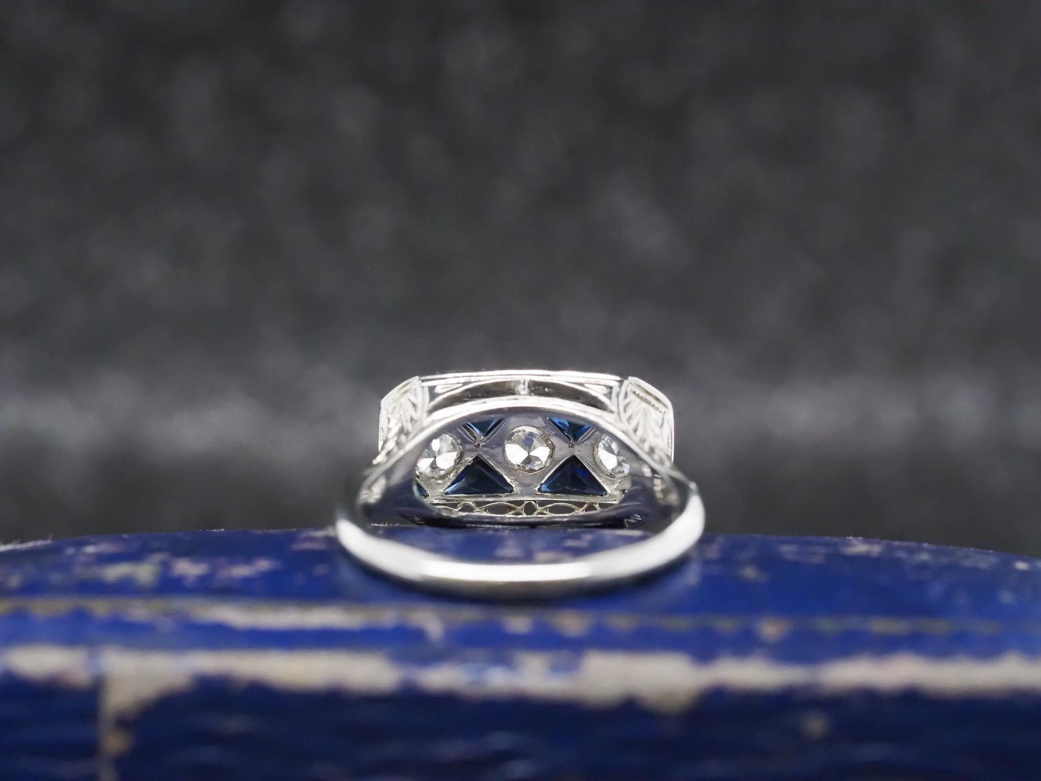 Circa 1930 Art Deco 20K White Gold Old European Diamond and Sapphire Ring For Sale 3