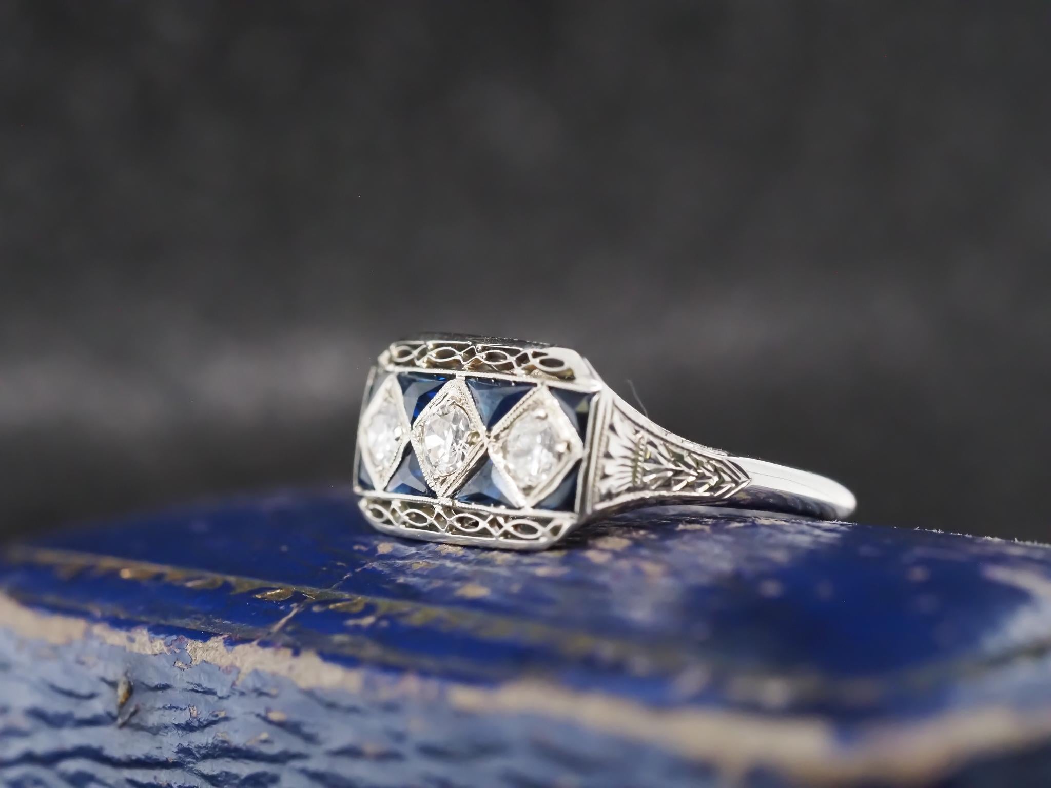 Circa 1930 Art Deco 20K White Gold Old European Diamond and Sapphire Ring For Sale 4