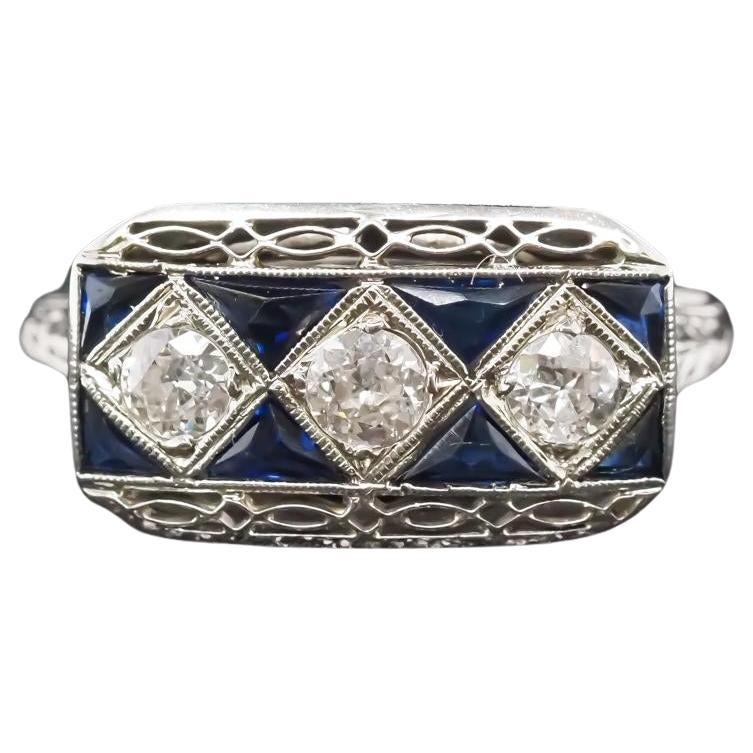 Circa 1930 Art Deco 20K White Gold Old European Diamond and Sapphire Ring