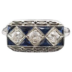 Circa 1930 Art Deco 20K White Gold Old European Diamond and Sapphire Ring