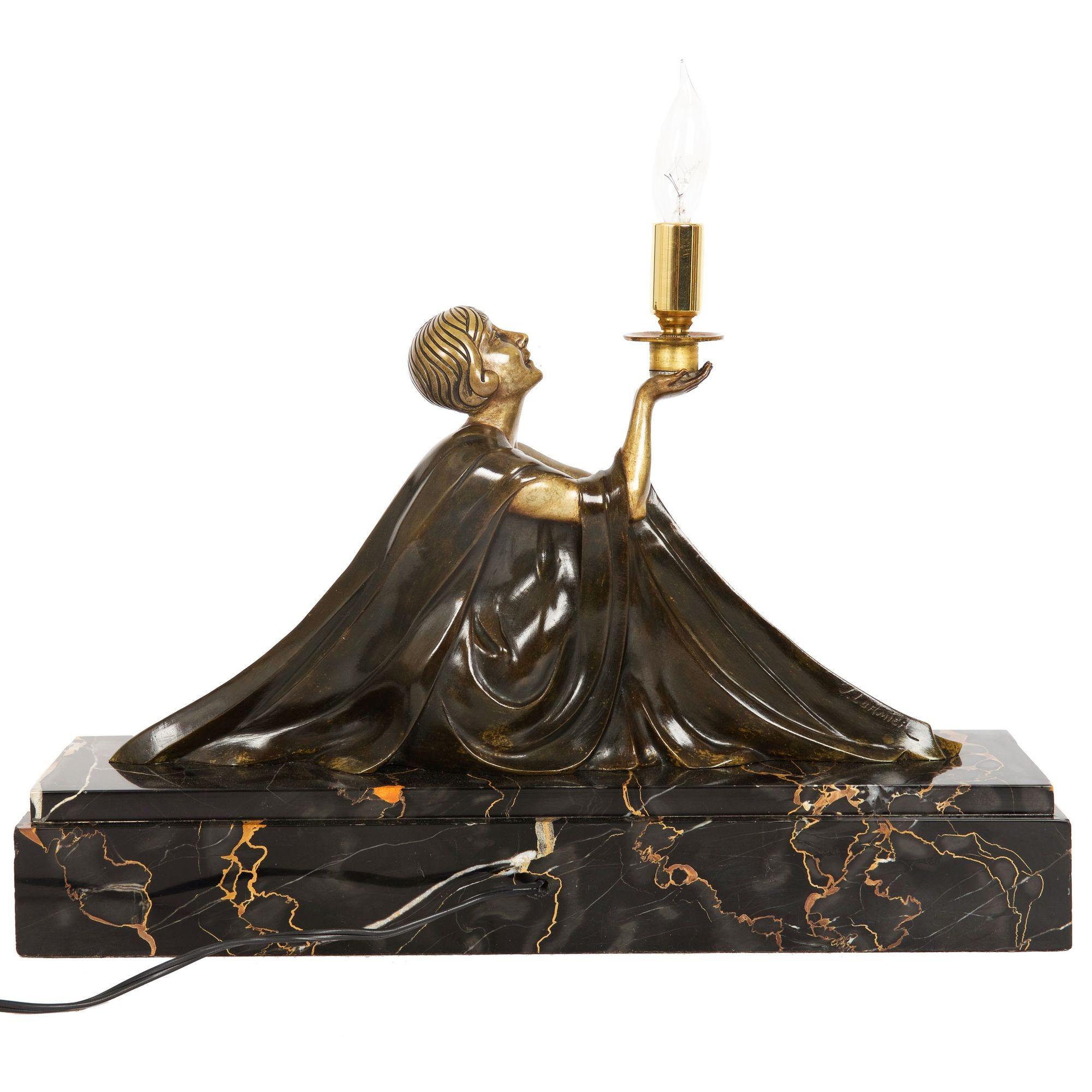French Circa 1930 Art Deco Bronze Sculpture Table Lamp by Jean Lormier For Sale