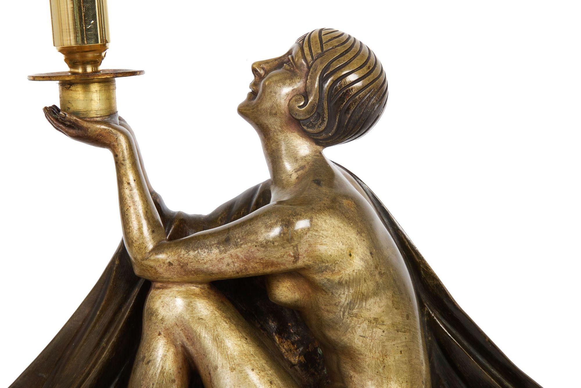 Art-Déco-Tischlampe aus Bronzeskulptur von Jean Lormier, um 1930 (Messing) im Angebot