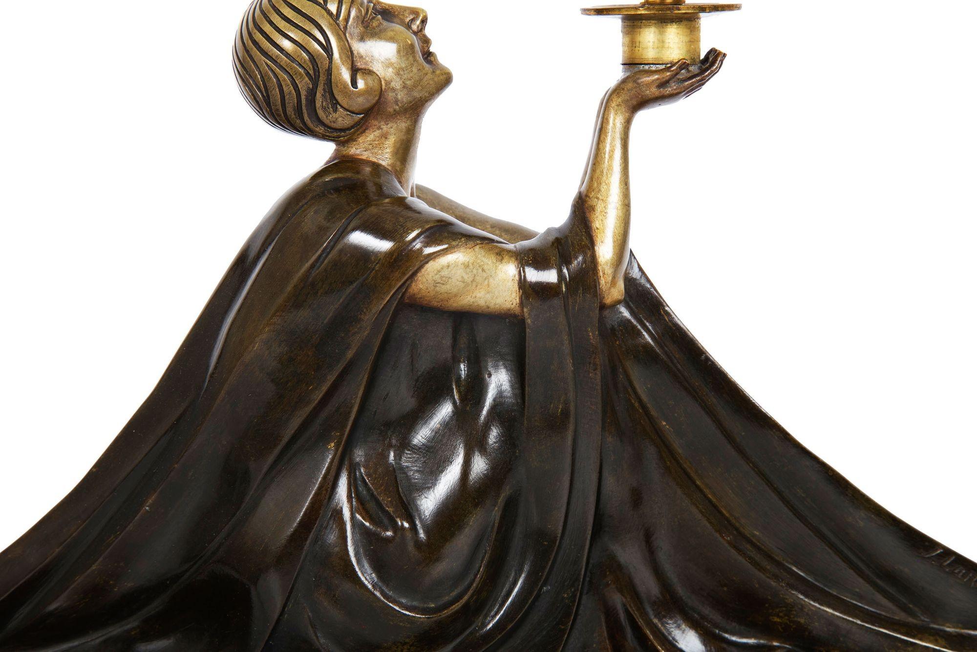 Circa 1930 Art Deco Bronze Sculpture Table Lamp by Jean Lormier For Sale 2