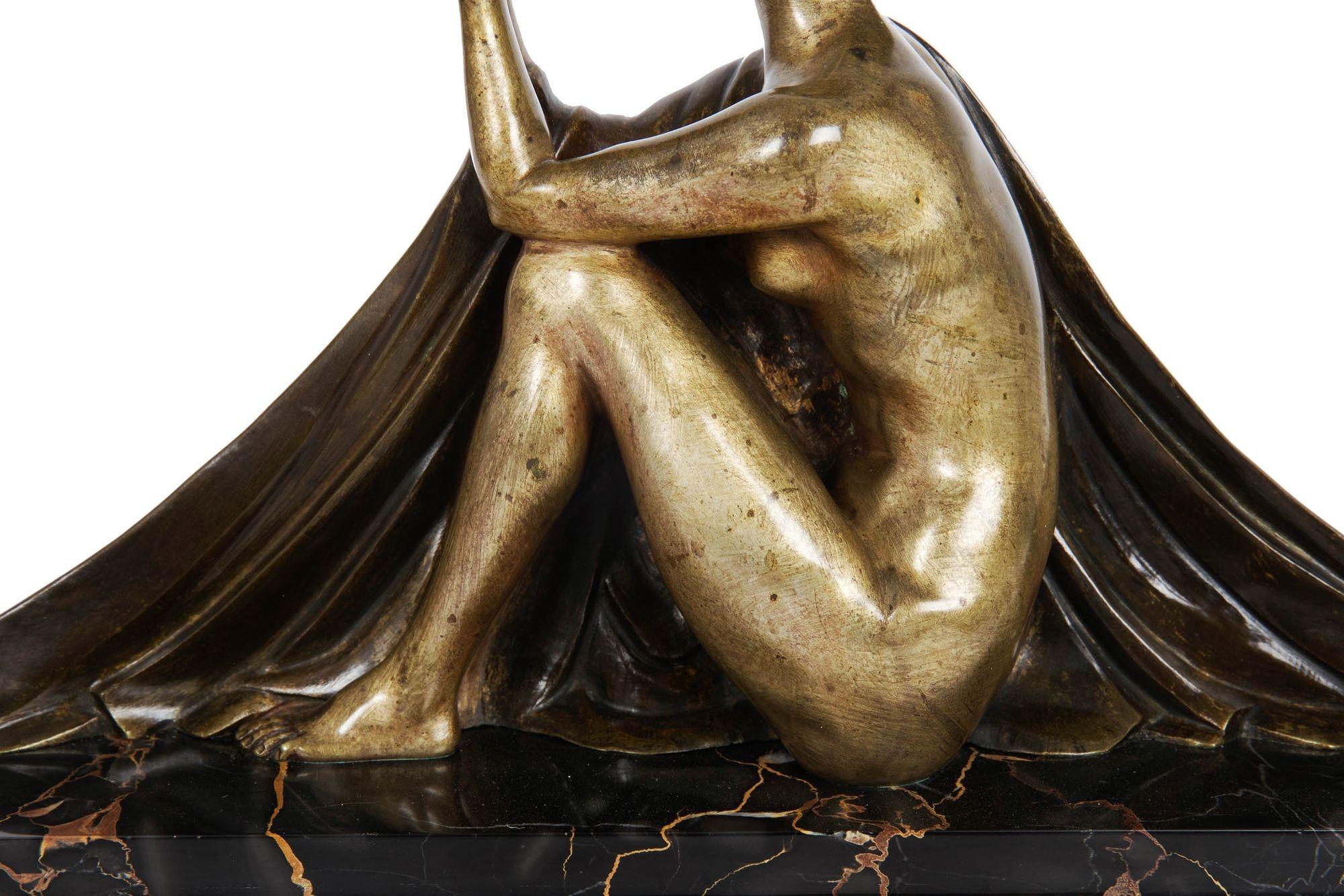 Circa 1930 Art Deco Bronze Sculpture Table Lamp by Jean Lormier For Sale 3