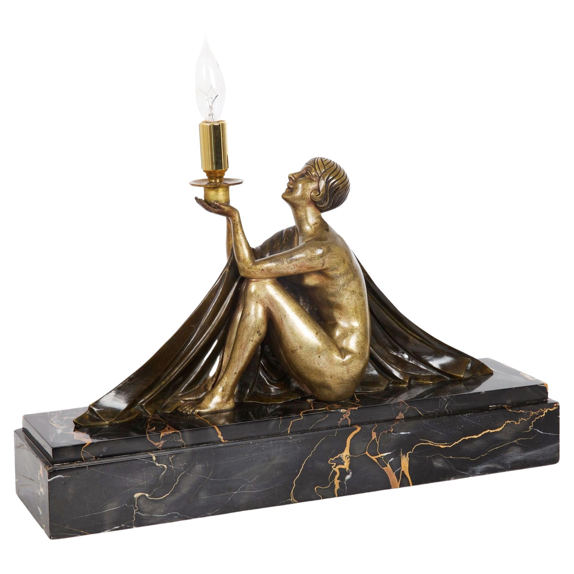 Circa 1930 Art Deco Bronze Sculpture Table Lamp by Jean Lormier For Sale