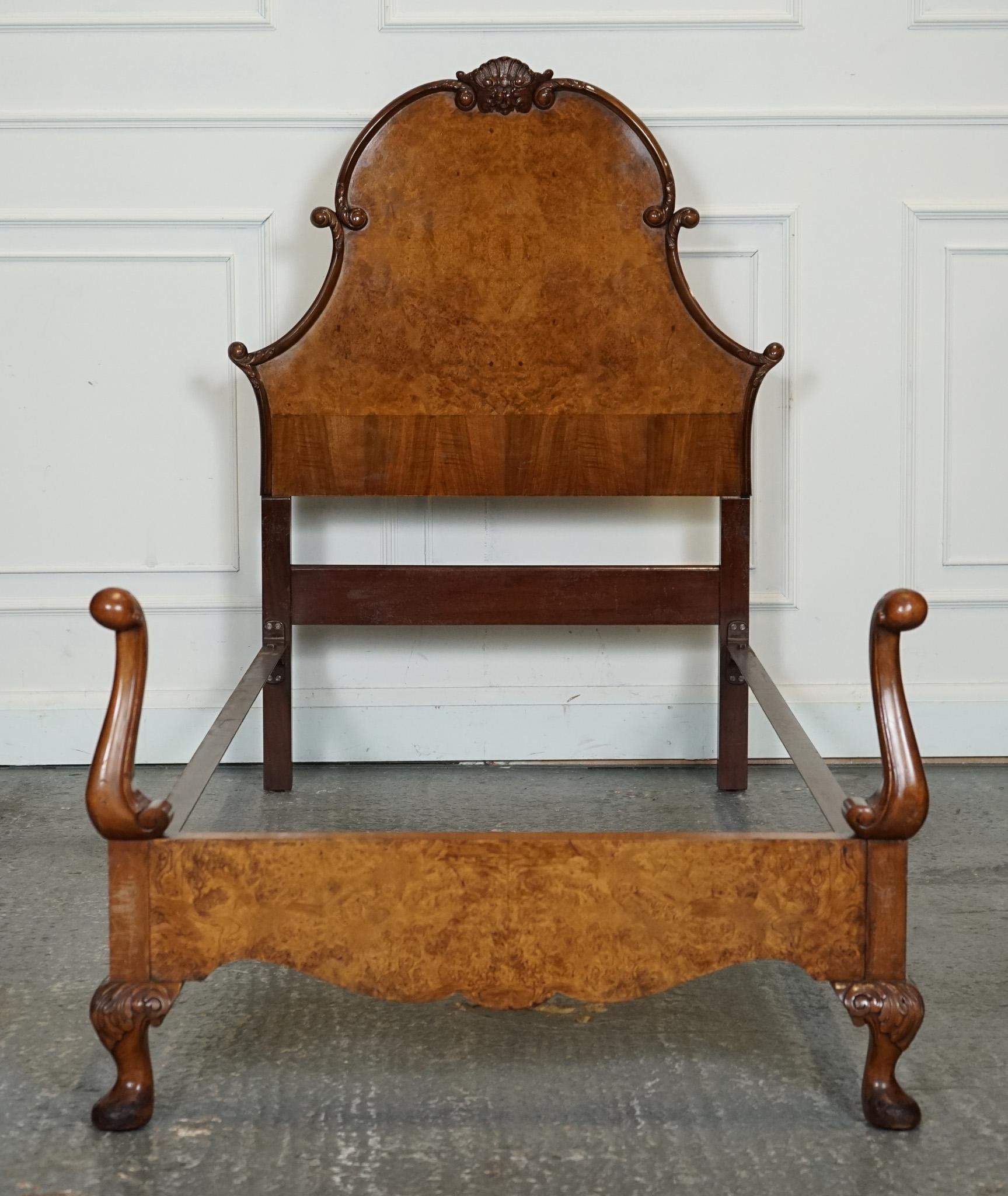 CIRCA 1930 ART DECO BURR WALNUT ENGLiSH MADE VONO BEDSTEAD FRAME QUEEN ANNE LEGS For Sale 5