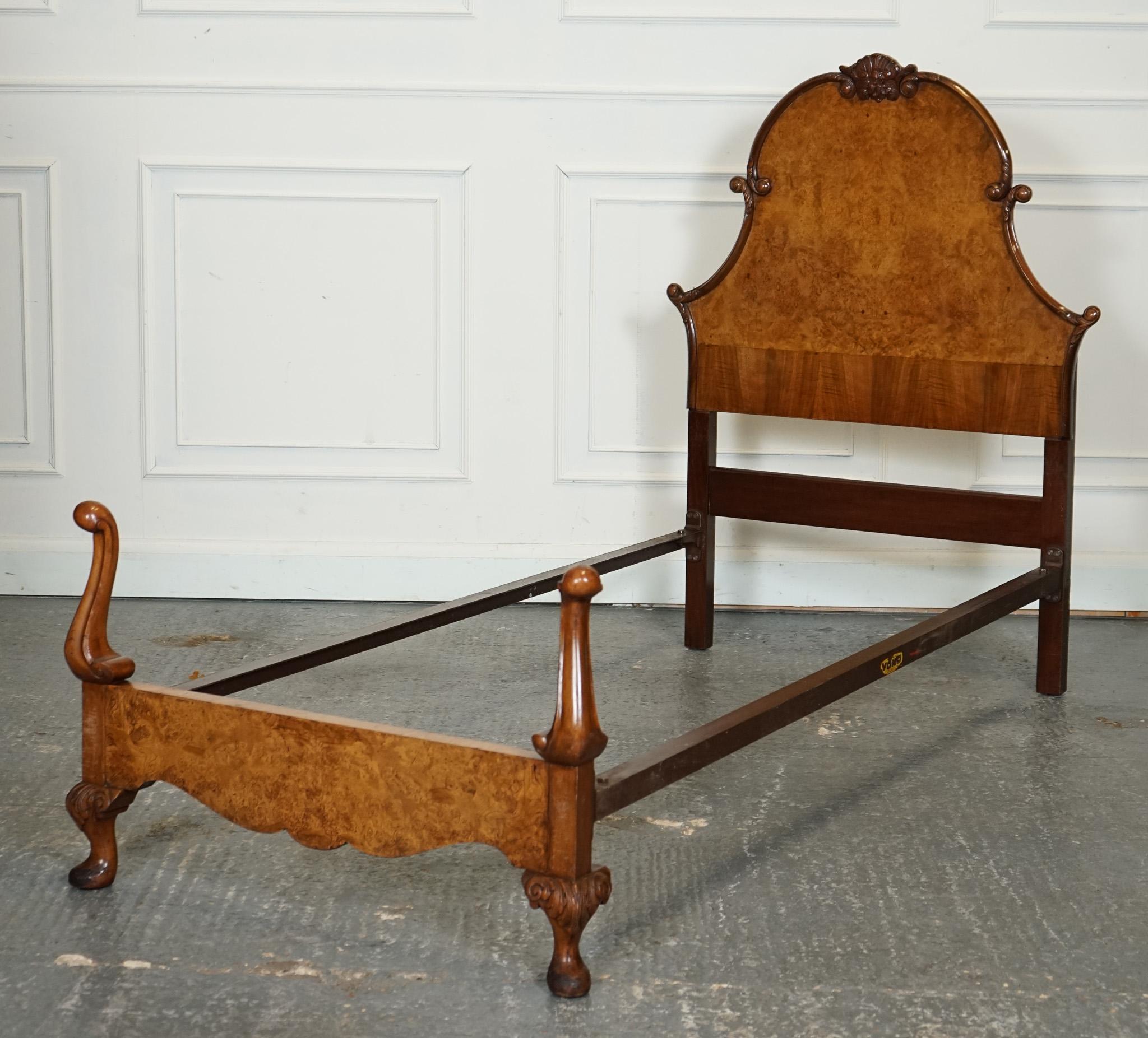 British CIRCA 1930 ART DECO BURR WALNUT ENGLiSH MADE VONO BEDSTEAD FRAME QUEEN ANNE LEGS For Sale