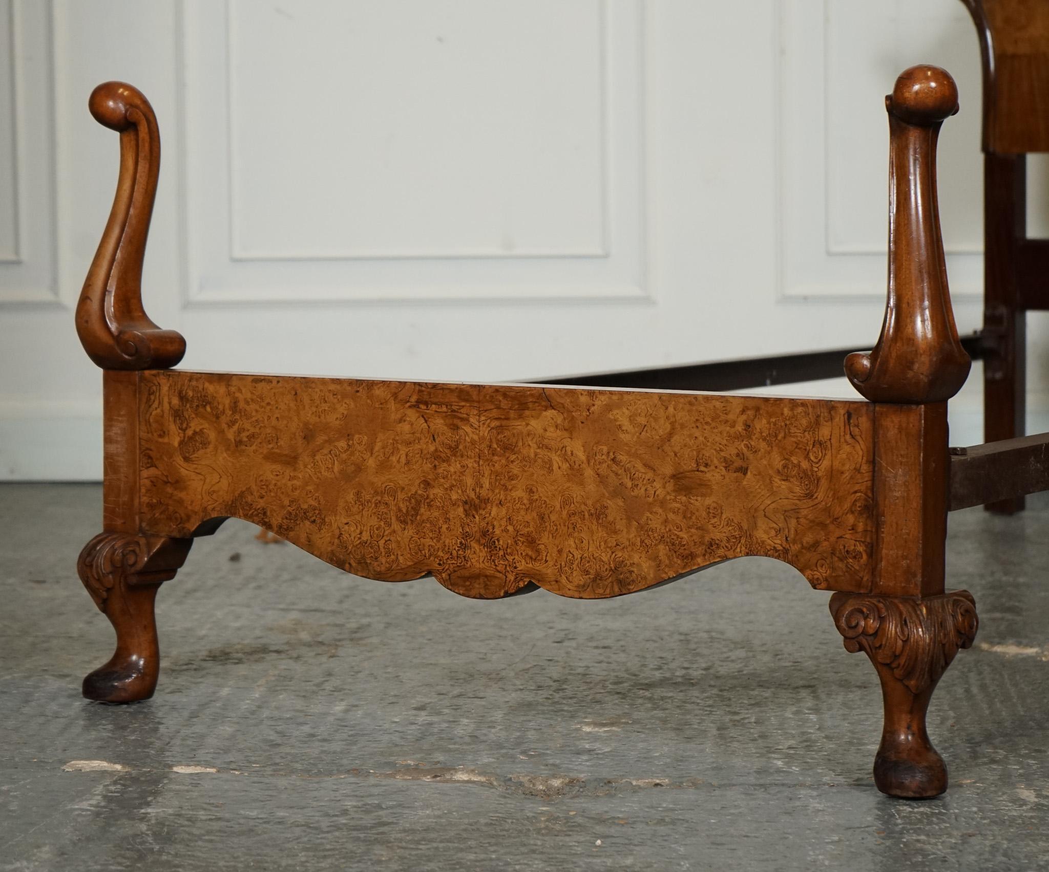 CIRCA 1930 ART DECO BURR WALNUT ENGLiSH MADE VONO BEDSTEAD FRAME QUEEN ANNE LEGS For Sale 2