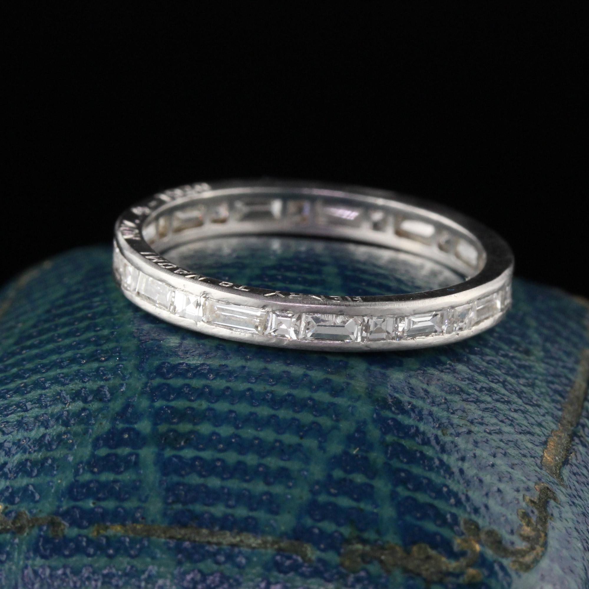 Circa 1930's beautiful art deco eternity band in platinum with alternating baguette cut & carre cut diamonds! In very good condition! The perfect wedding band or stacking band! Engraved 'HENRY TO NAOMI NOV. 4 - 1930'

#R0340

Metal: