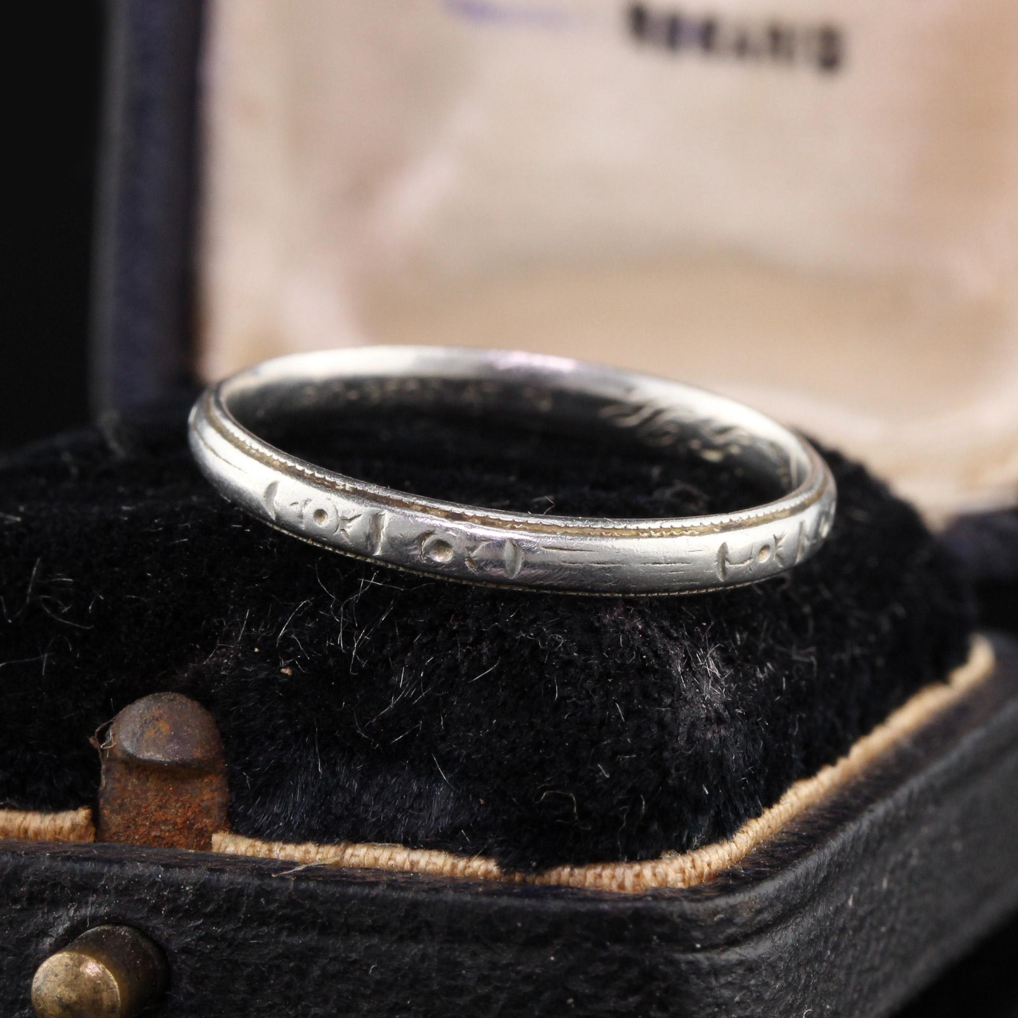 This is a gorgeous Art Deco Platinum Wedding Band Dated 6/15/30 and engraved initials.

#R0210

Metal: Platinum

Weight: 2.7 Grams

Ring Size: 7

*Unfortunately this ring cannot be sized

Measurements: 2.4 mm wide

Measurement from finger to top of