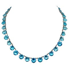 Circa 1930 Deco Era Sterling Silver and Bright Aqua Blue Faceted Glass Necklace