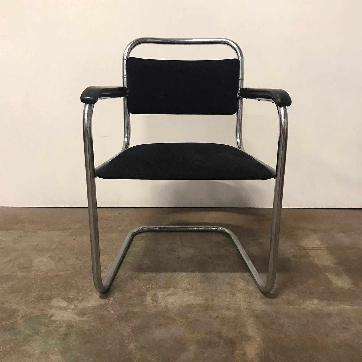 Metal Dutch Design, Set of Original Tubular Chairs with Black Upholstery, circa 1930 For Sale