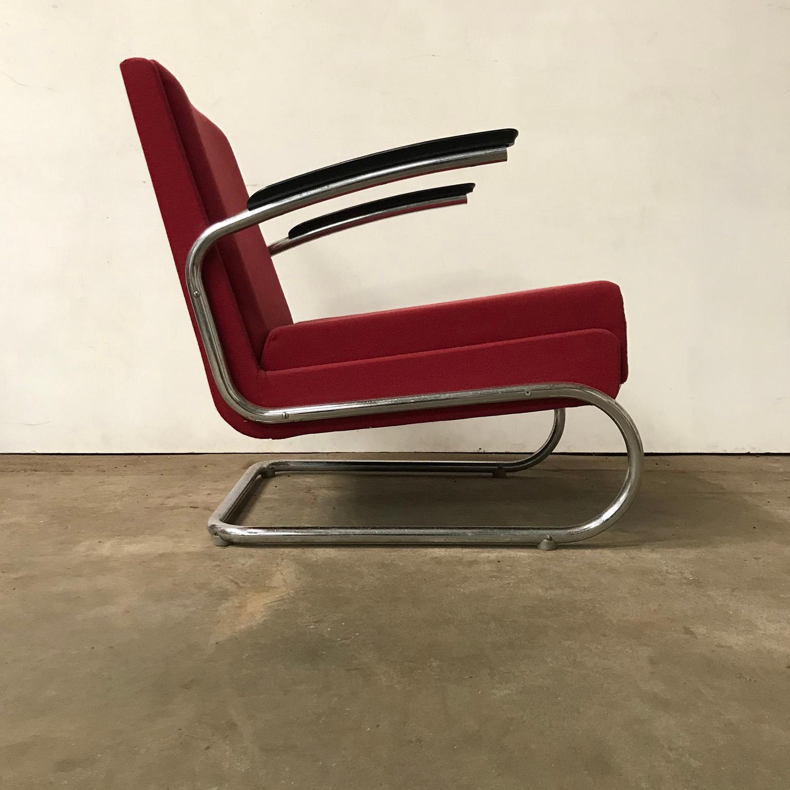 Industrial Dutch Tubular Easy Chair in Burgundy Red and Black Armrests, circa 1930