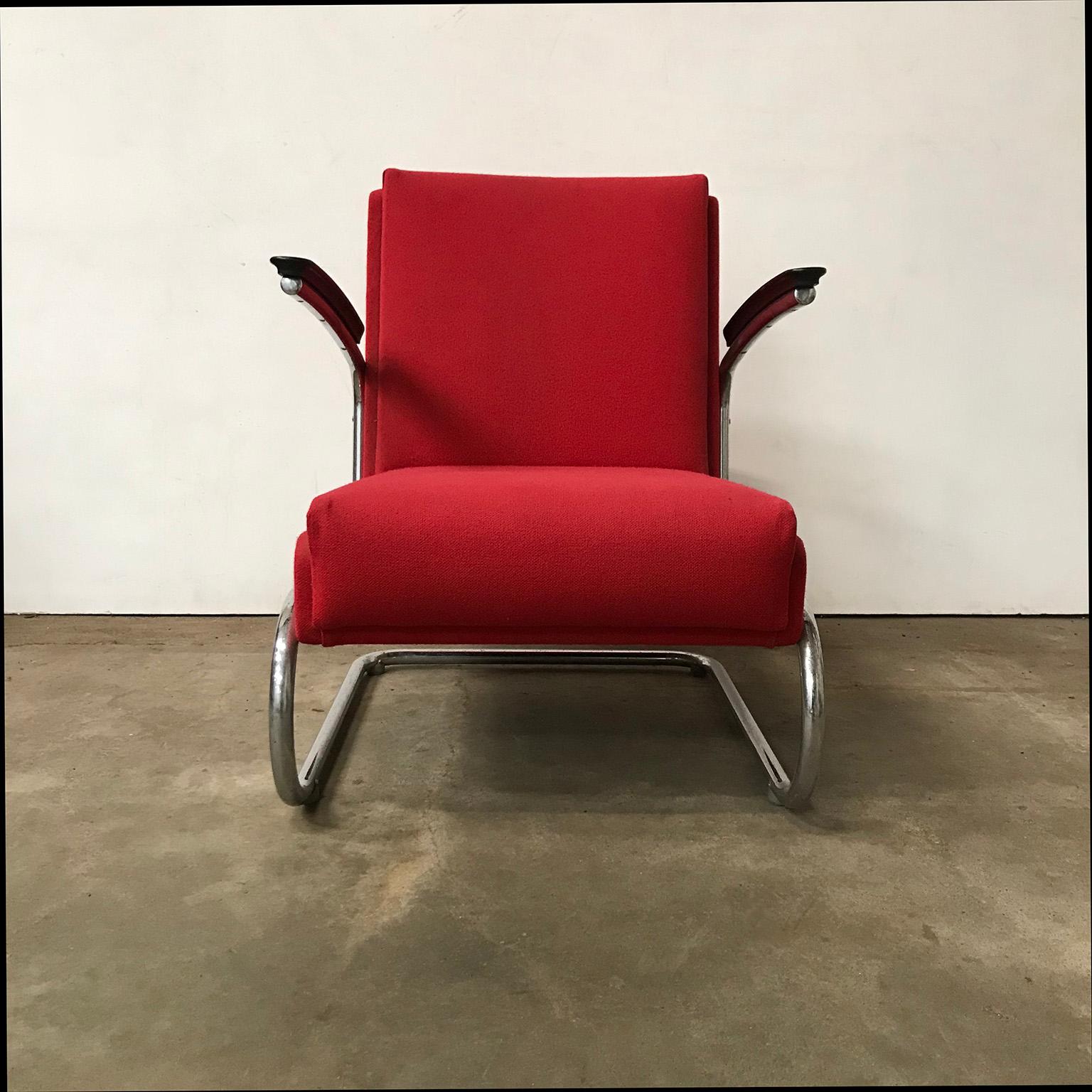 Metal Dutch Tubular Easy Chair in Burgundy Red and Black Armrests, circa 1930