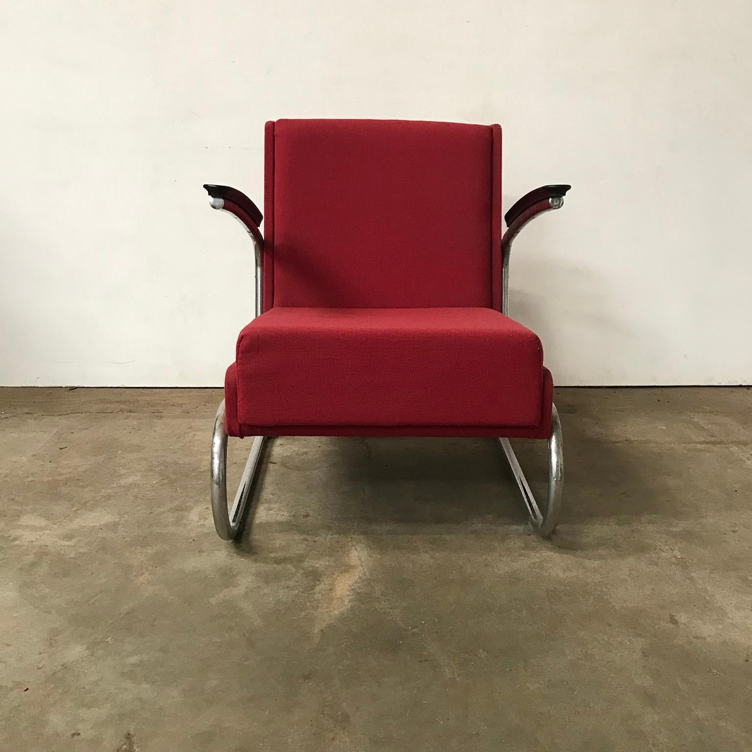 Dutch Tubular Easy Chair in Burgundy Red and Black Armrests, circa 1930 3